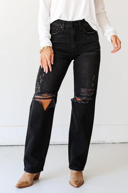 Black Distressed Dad Jeans on dress up model