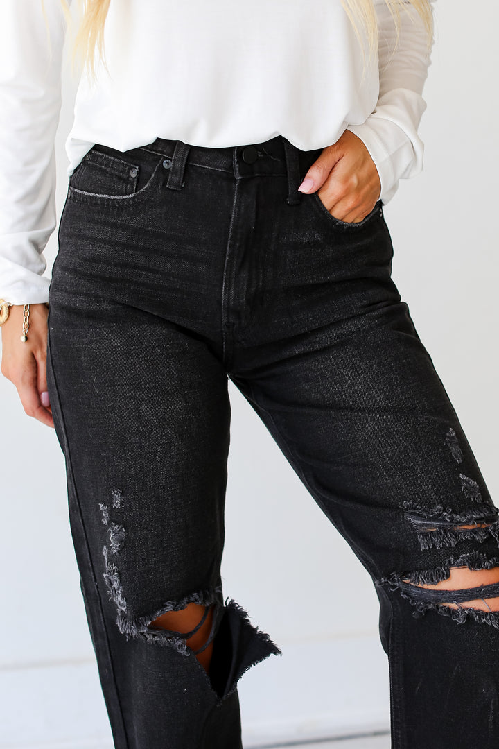 Black Distressed Dad Jeans close up