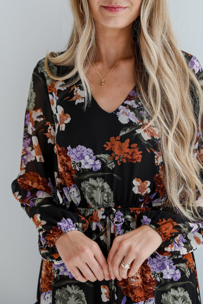 Prepared To Impress Black Floral Midi Dress