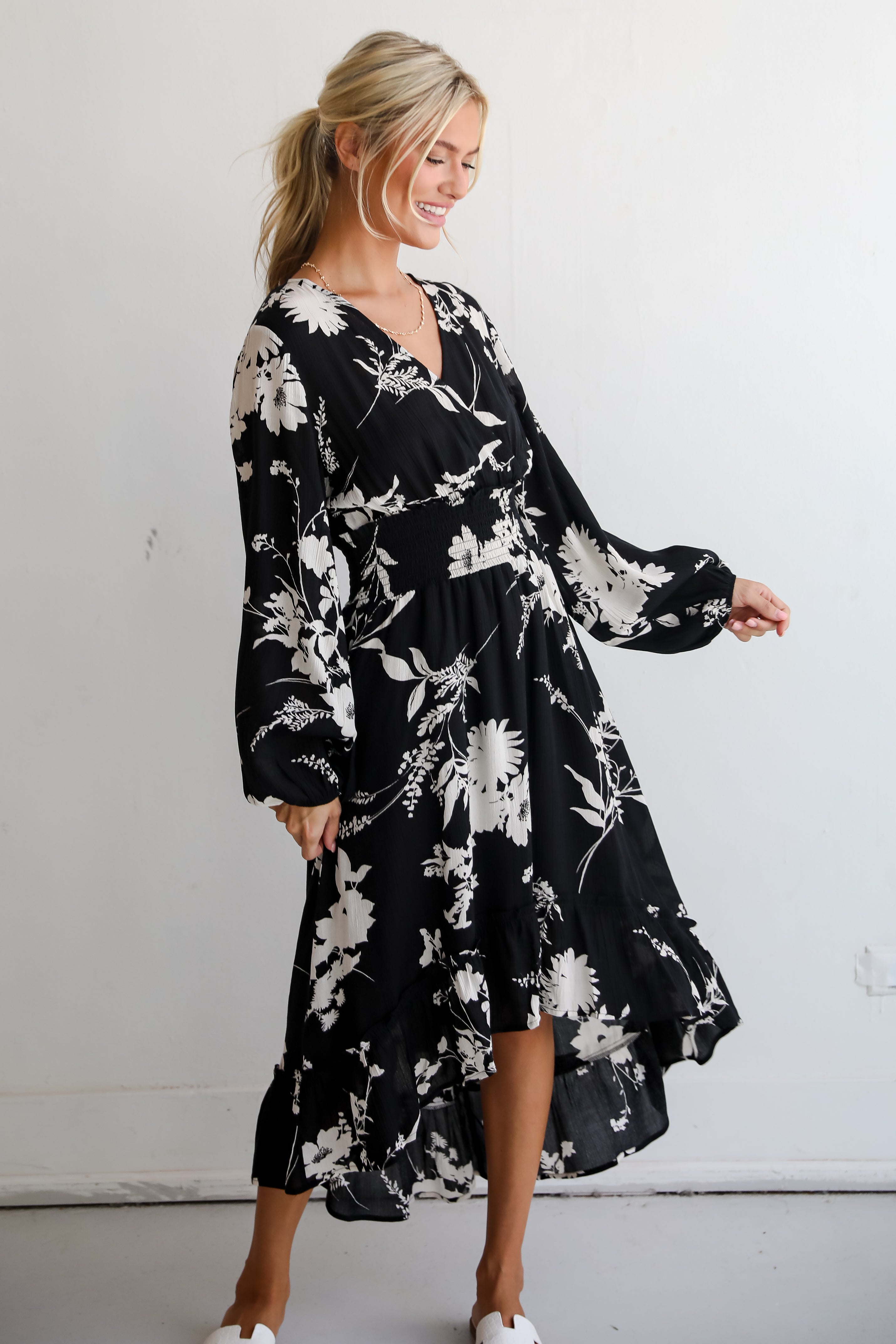 Cute Black Floral Midi Dress | Long Sleeve Dresses | Dress Up