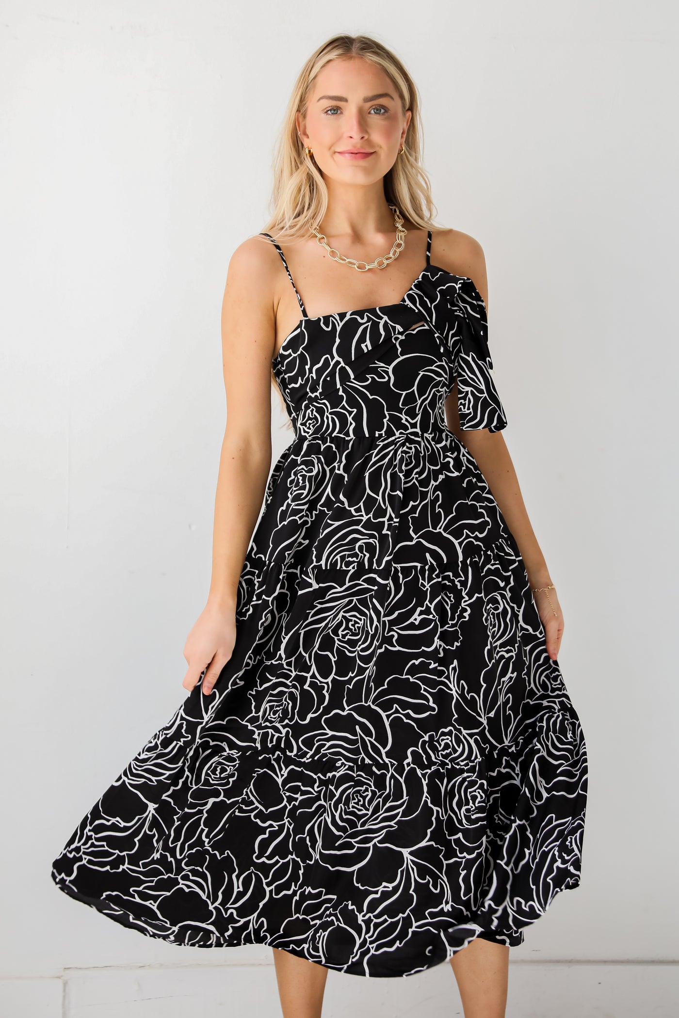 Black Tiered Floral Midi Dress on model