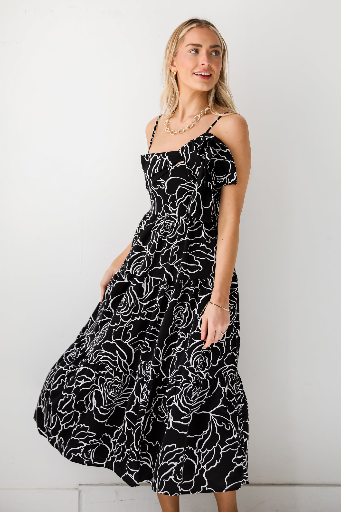 Black Tiered Floral Midi Dress for women