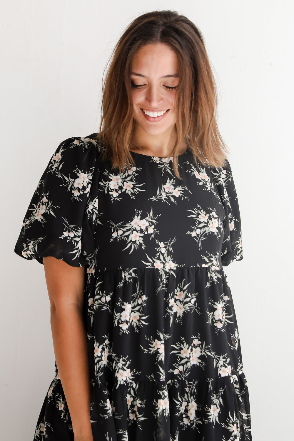 Perfectly Cherished Black Floral Tiered Midi Dress