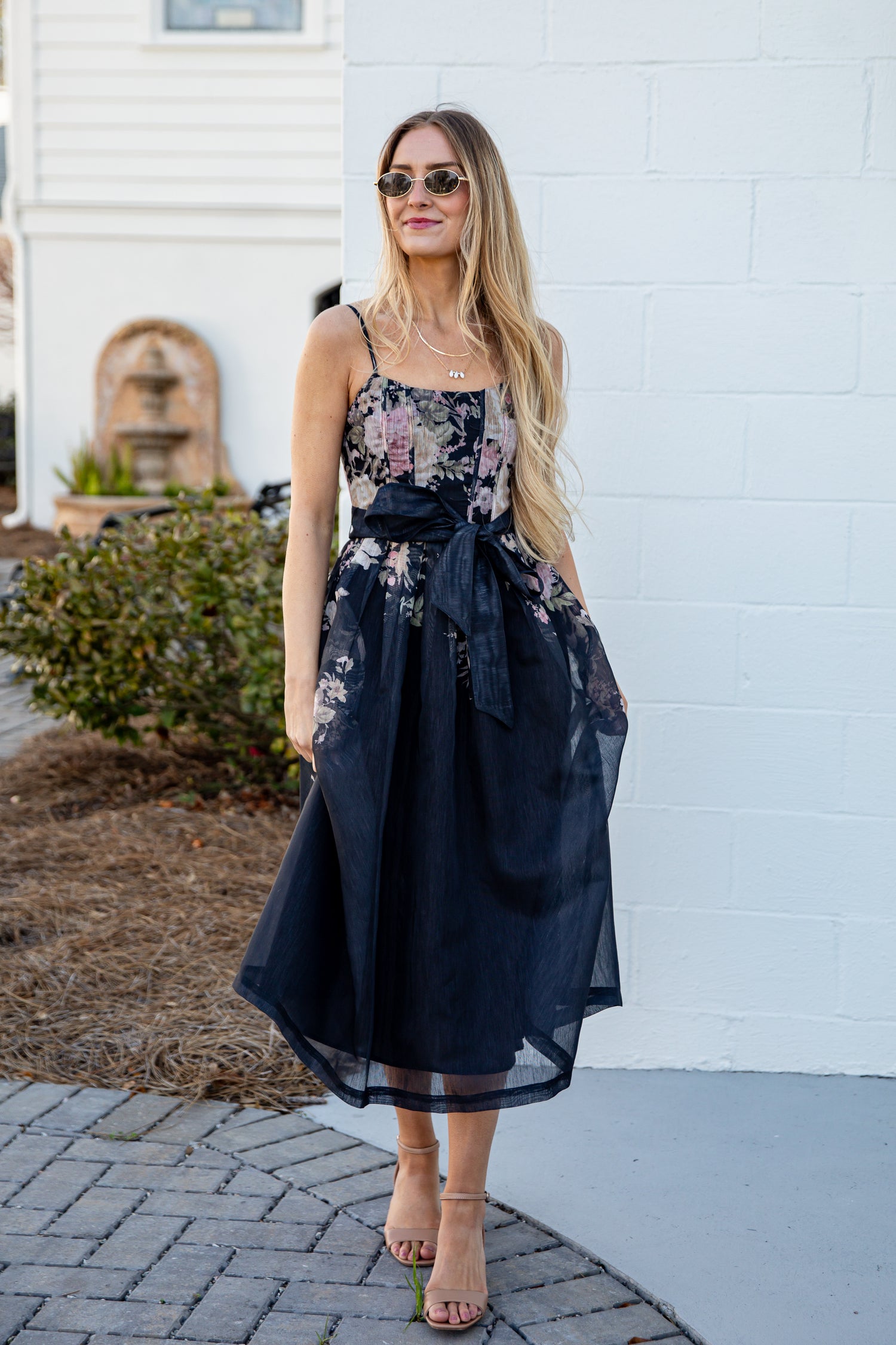 black and blue floral dress Adrianna Papell Women's V-Neck Midi Dress - Blue/Black/Multi