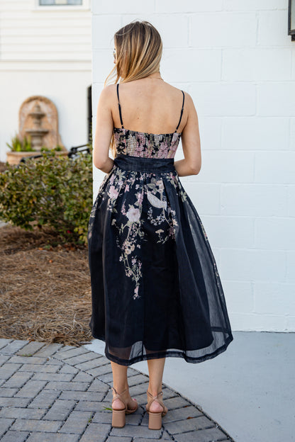 Garden Affair Black Floral Midi Dress | Trendy Women's Dress