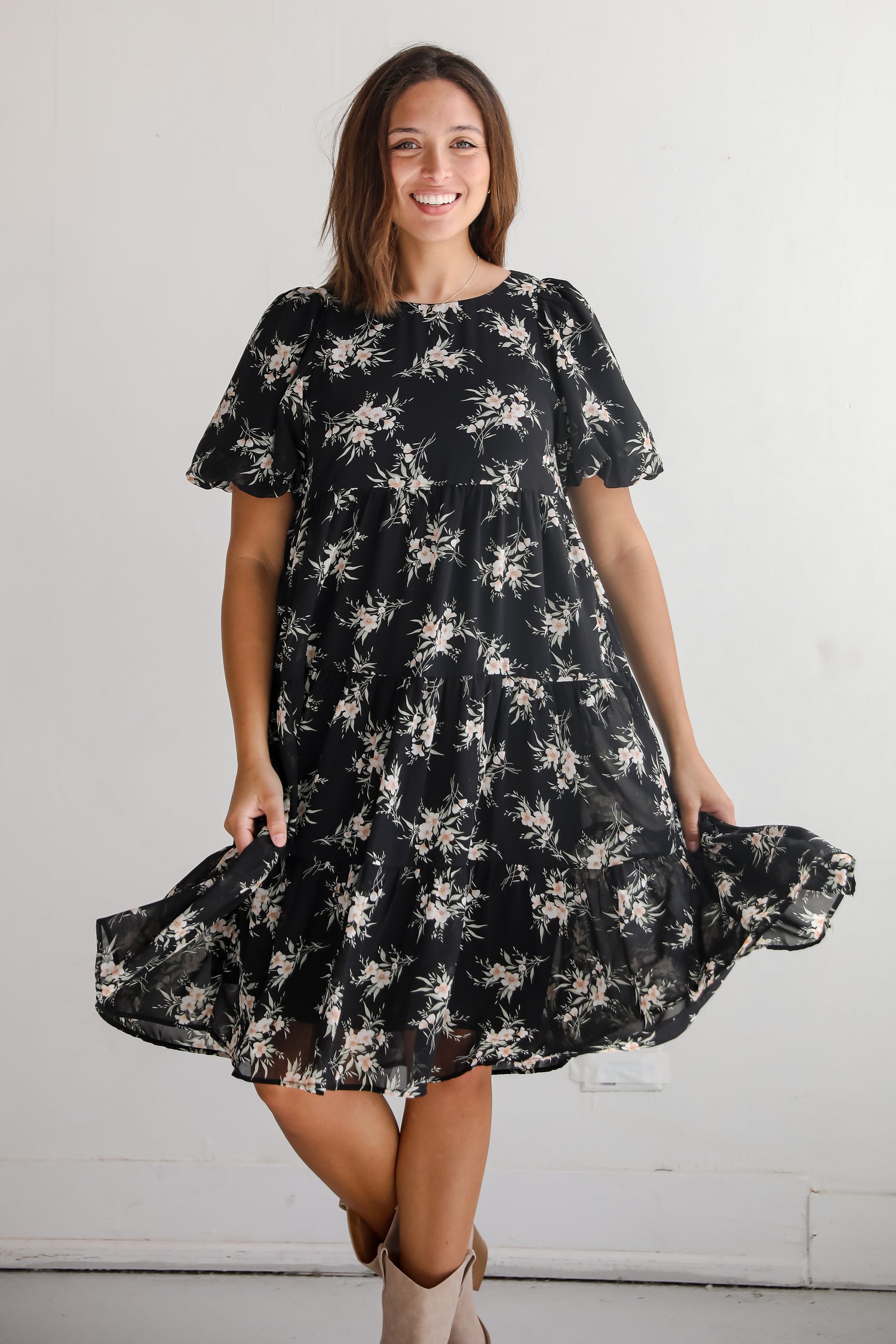 Perfectly Cherished Black Floral Tiered Midi Dress