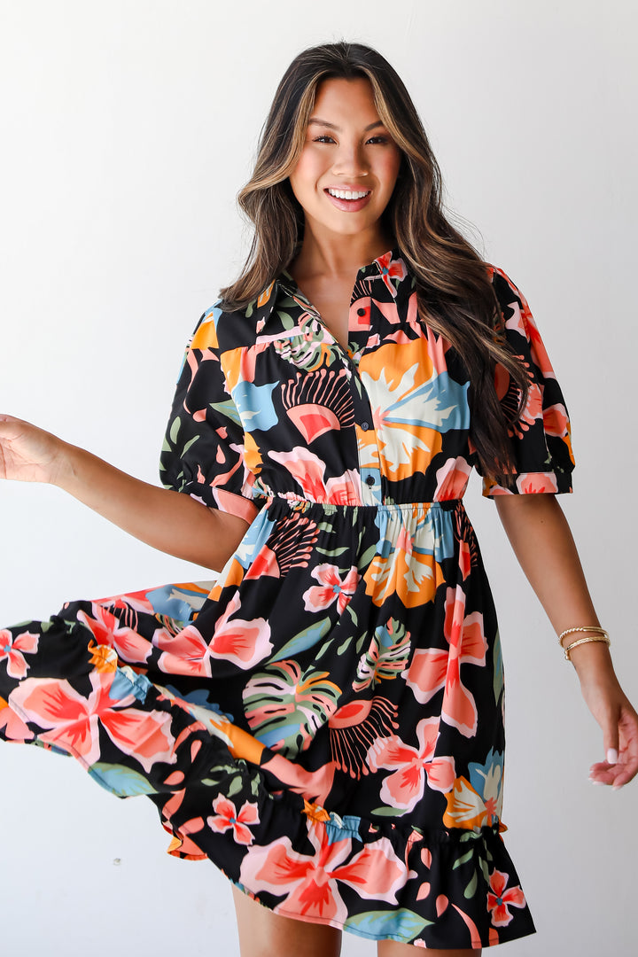 Decidedly Beloved Black Floral Mini Dress