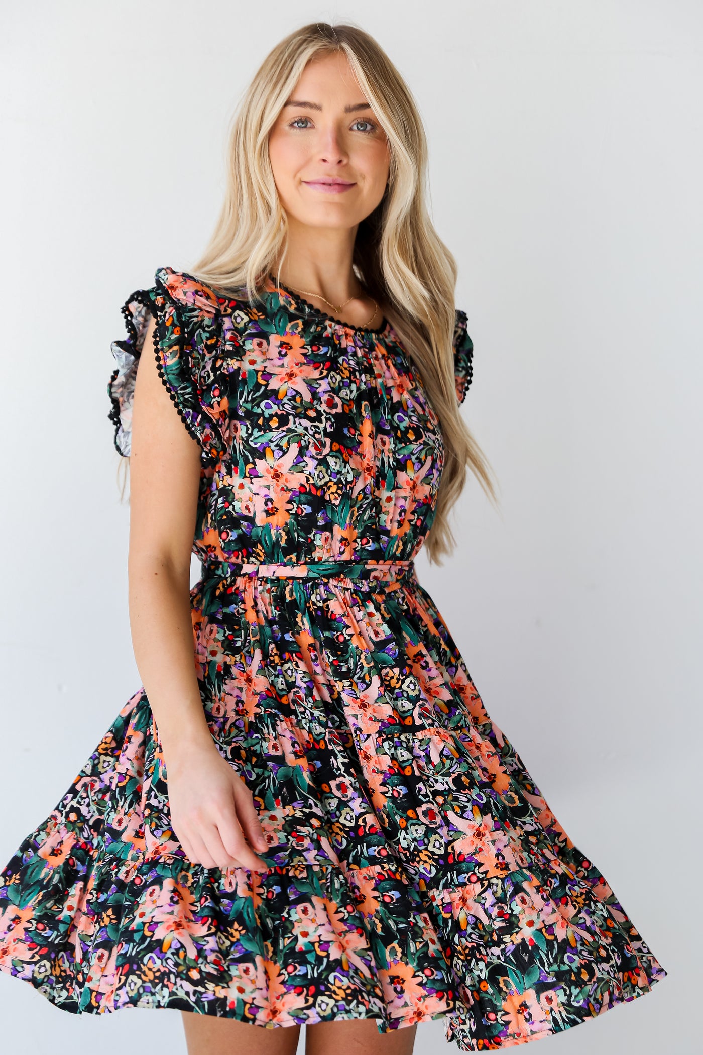 Black Tiered Floral Mini Dress for spring
