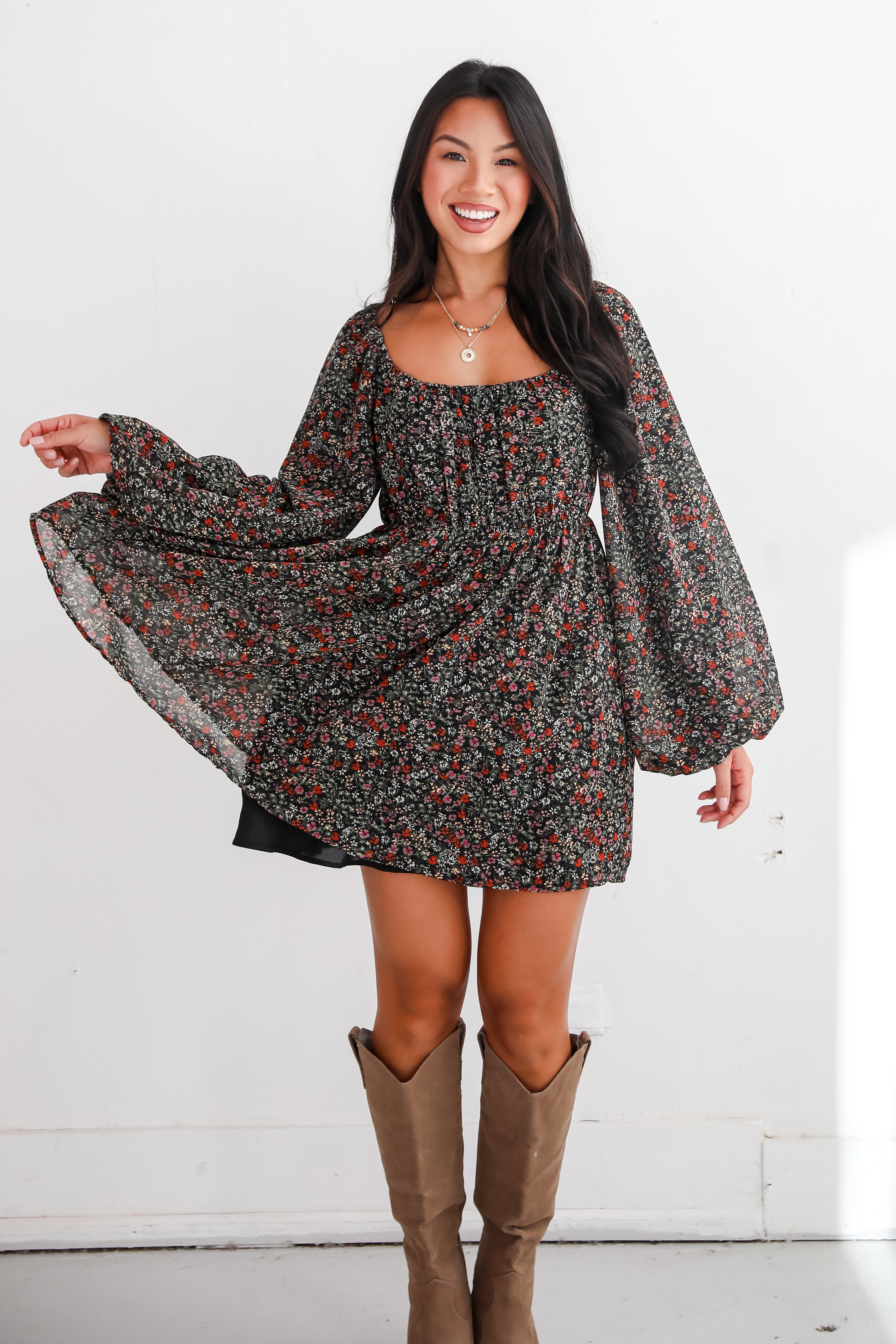 Delight In Elegance Black Floral Mini Dress