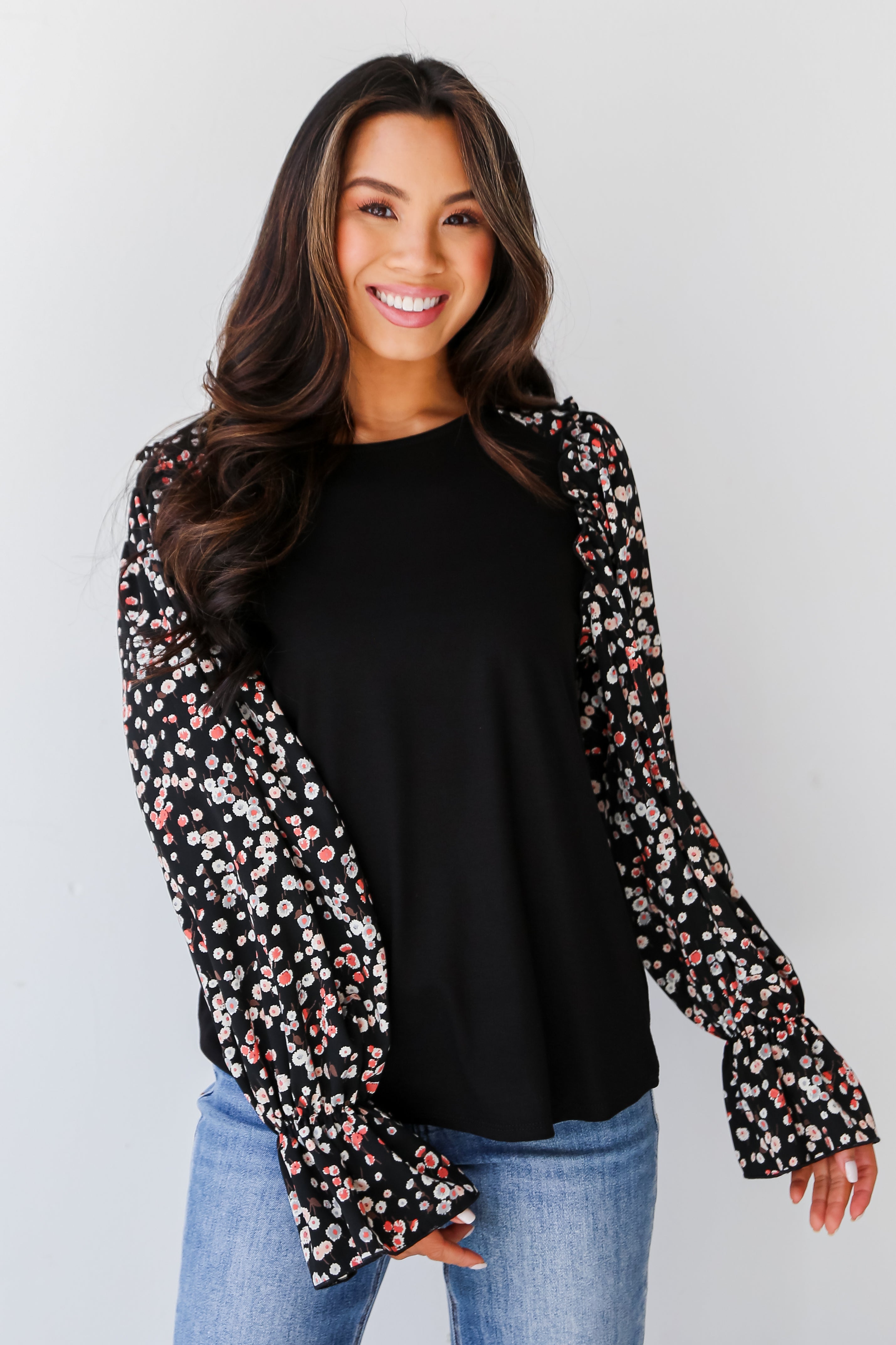 cute Black Floral Sleeve Blouse