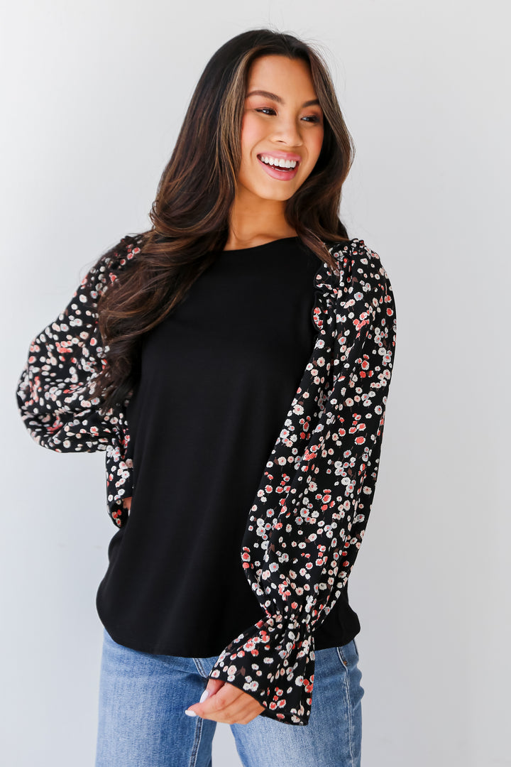 womens Black Floral Sleeve Blouse