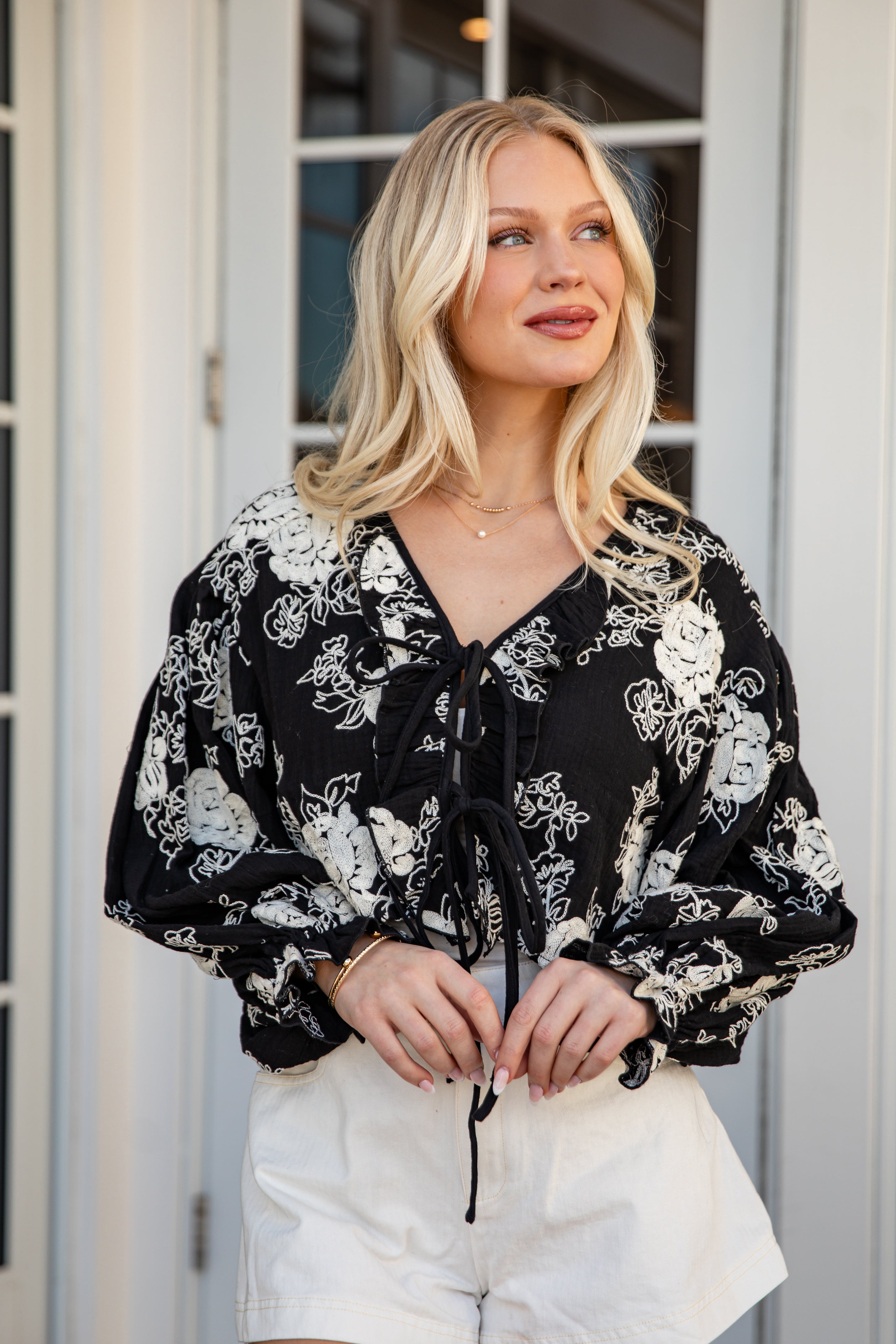 All About Floral Tie-Front Black Blouse | Trendy Women's Top