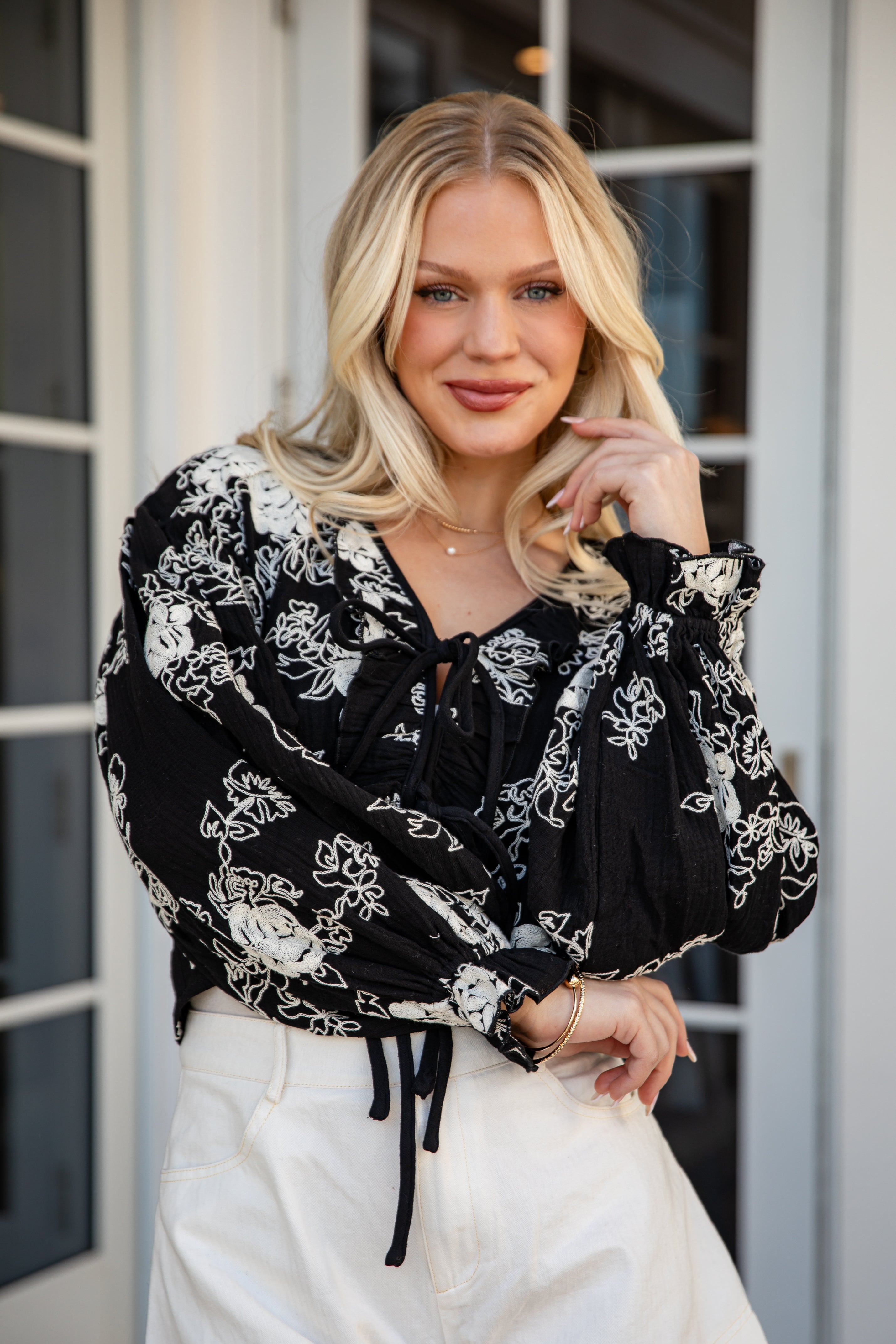 All About Floral Tie-Front Black Blouse | Trendy Women's Top