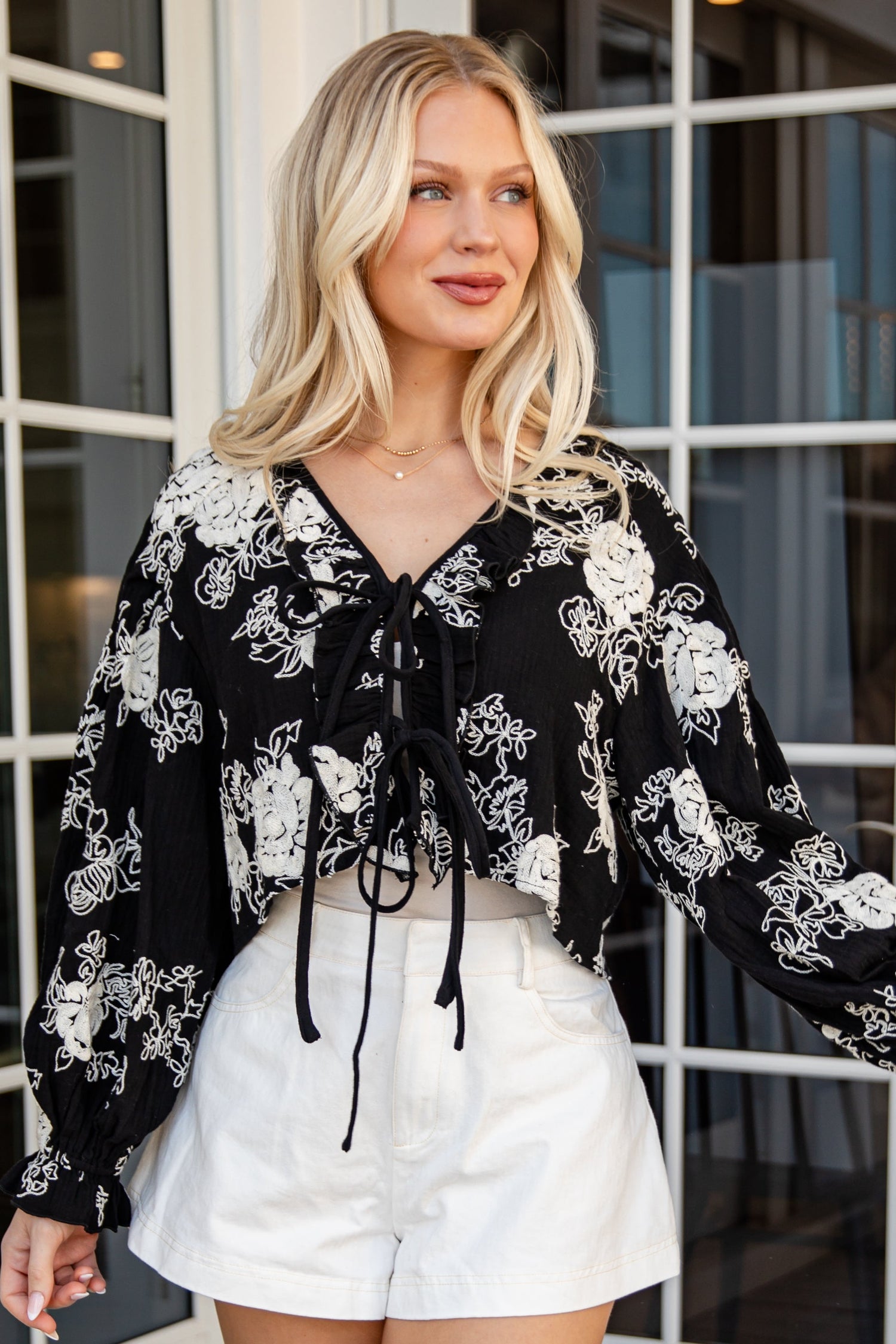 All About Floral Tie-Front Black Blouse | Trendy Women's Top All About Floral Tie-Front Black Blouse | Trendy Women's Top