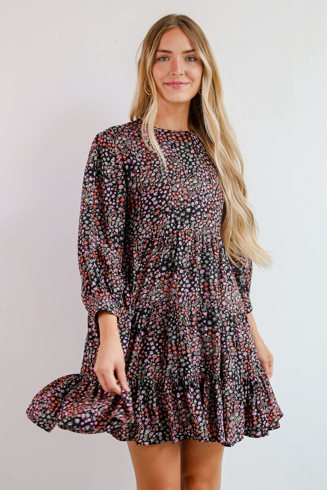 Gorgeous Outcome Black Floral Tiered Mini Dress