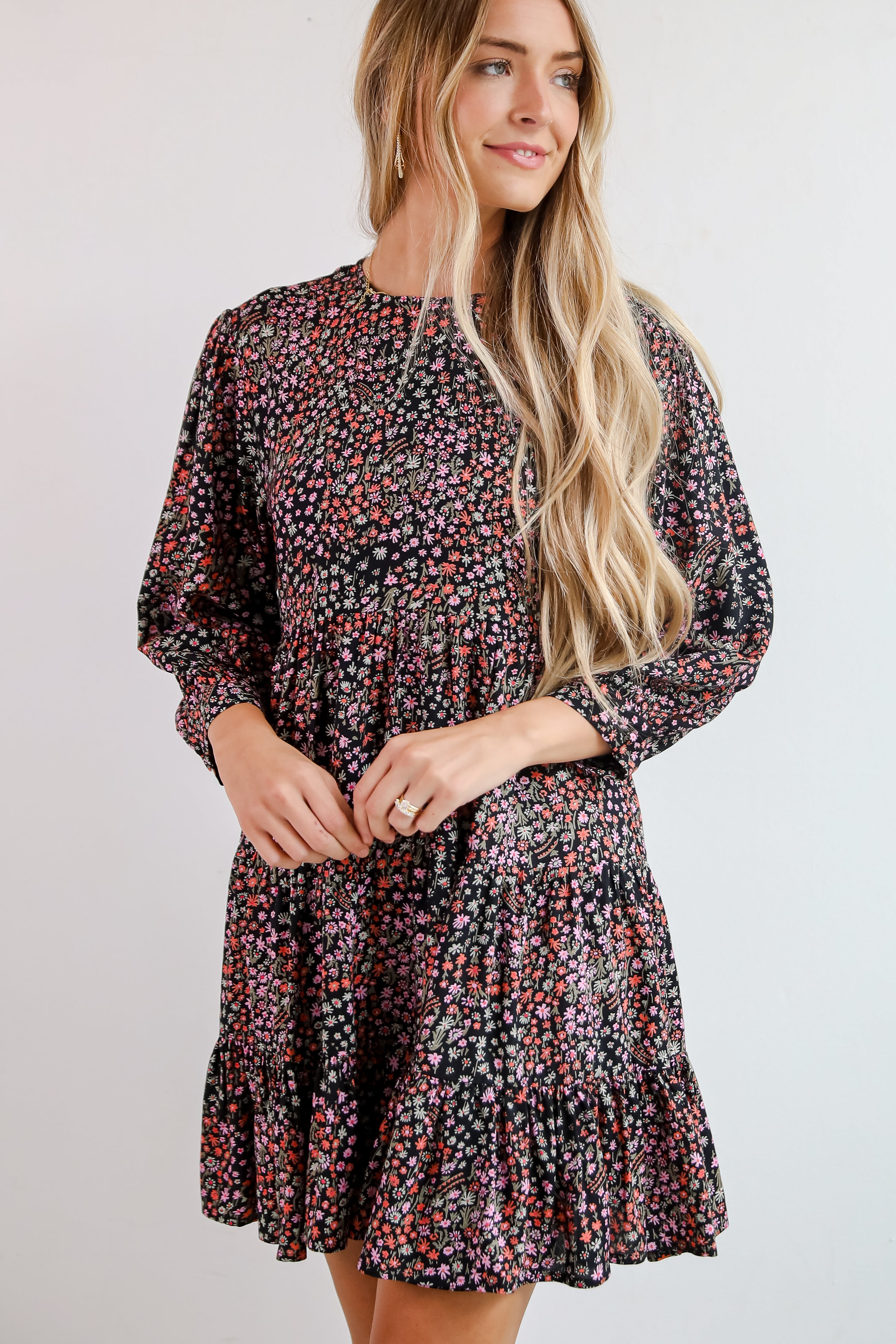 Gorgeous Outcome Black Floral Tiered Mini Dress