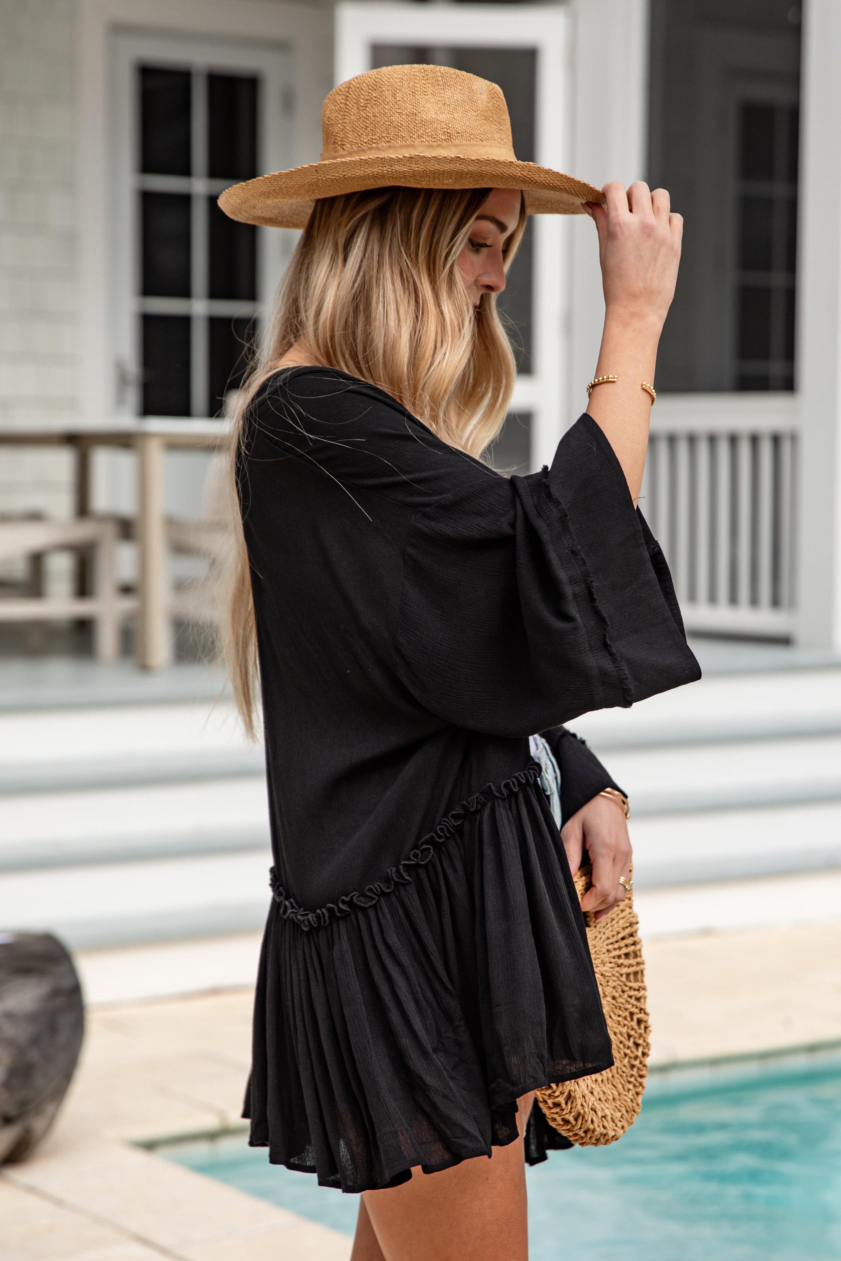 Woman wearing a black dress and straw hat by a poolside.