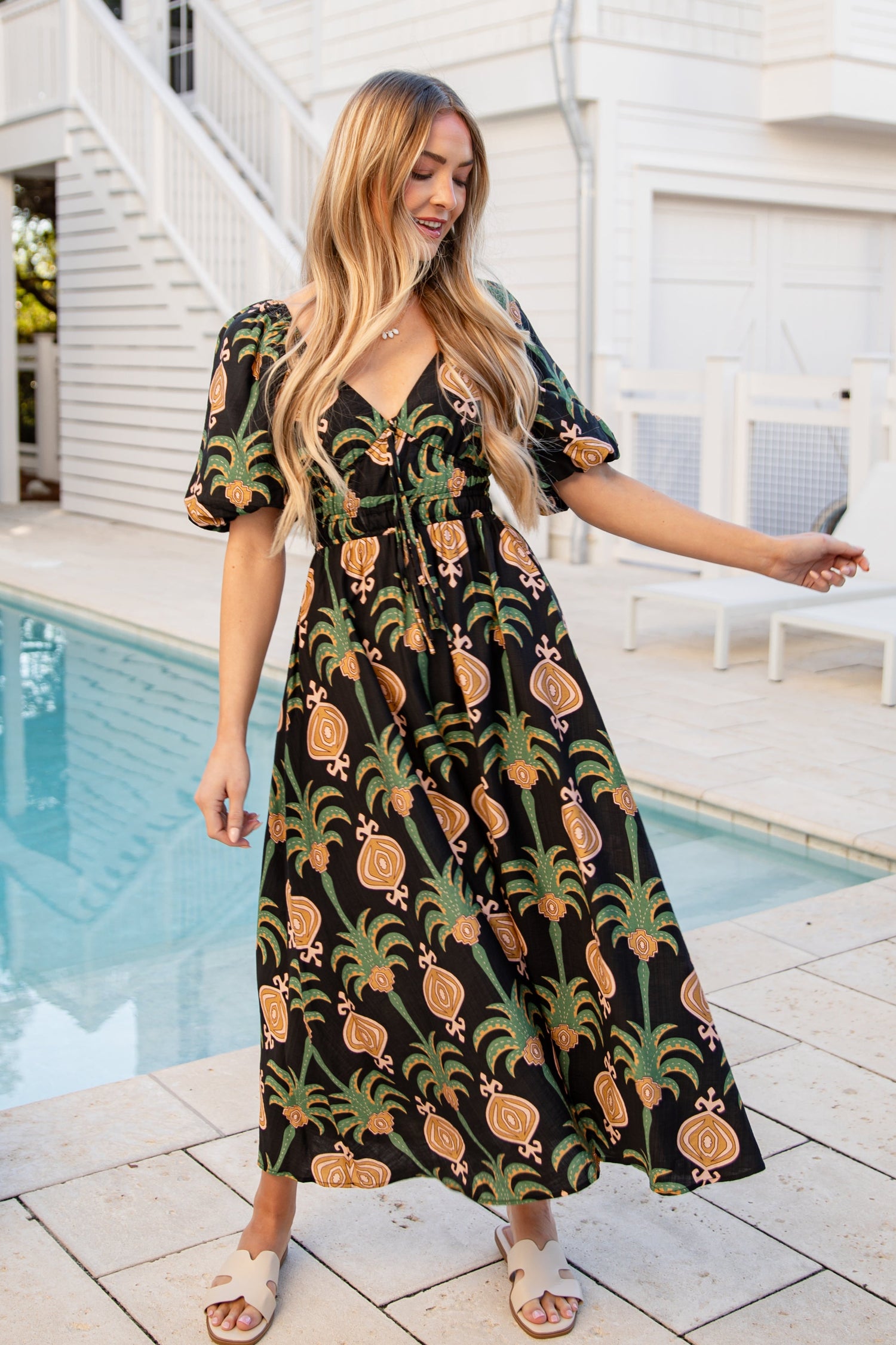 FINAL SALE - Greenhouse Garden Print Black Midi Dress FINAL SALE - Greenhouse Garden Print Black Midi Dress