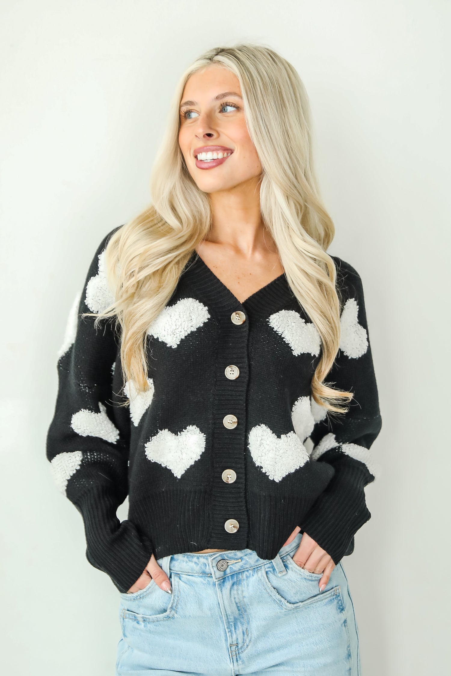 Cute Black Heart Sweater Cardigan Valentine's Day Outfits