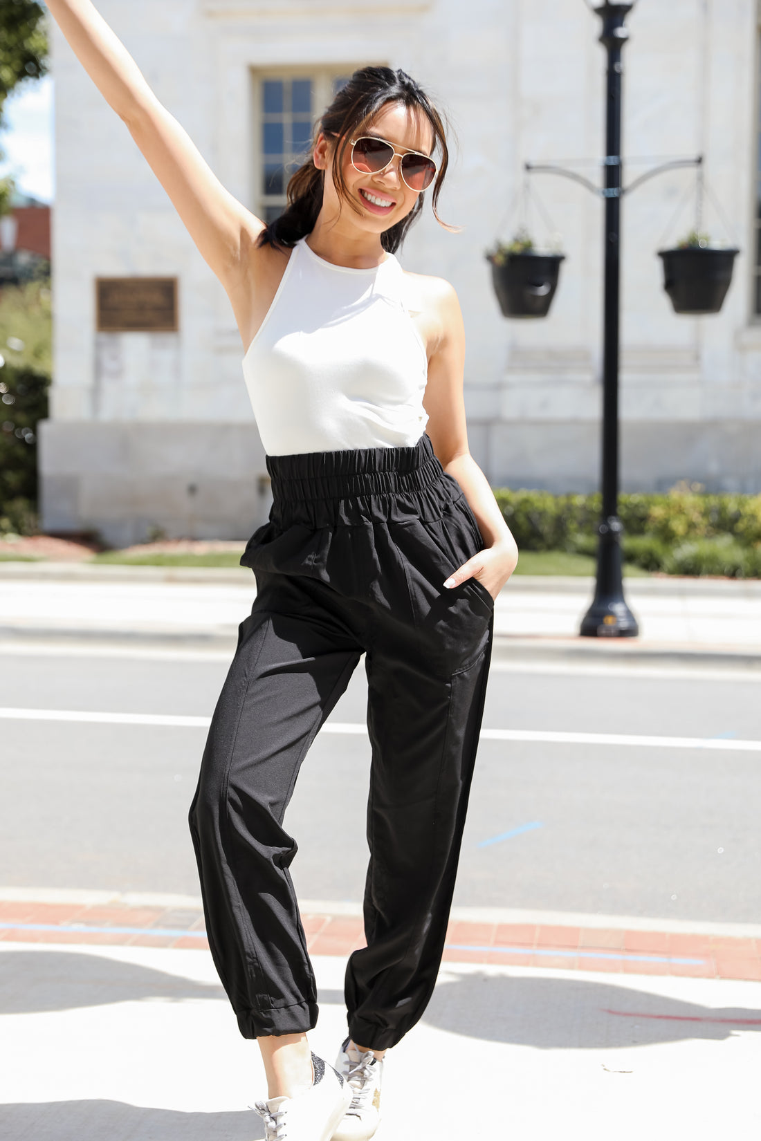 black Joggers on model