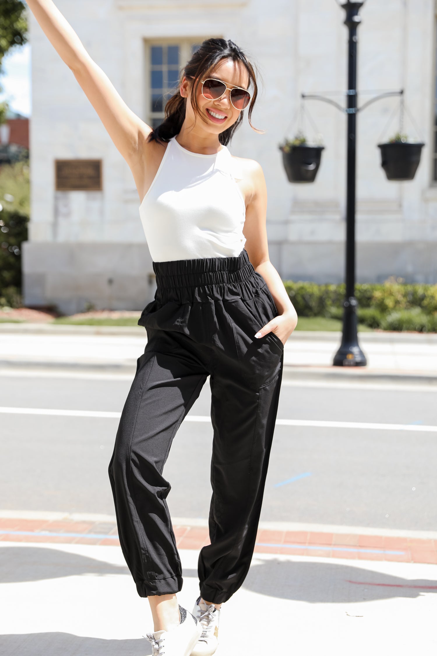 black Joggers on model