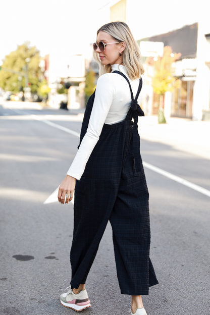 black Textured Wide Leg Jumpsuit on model