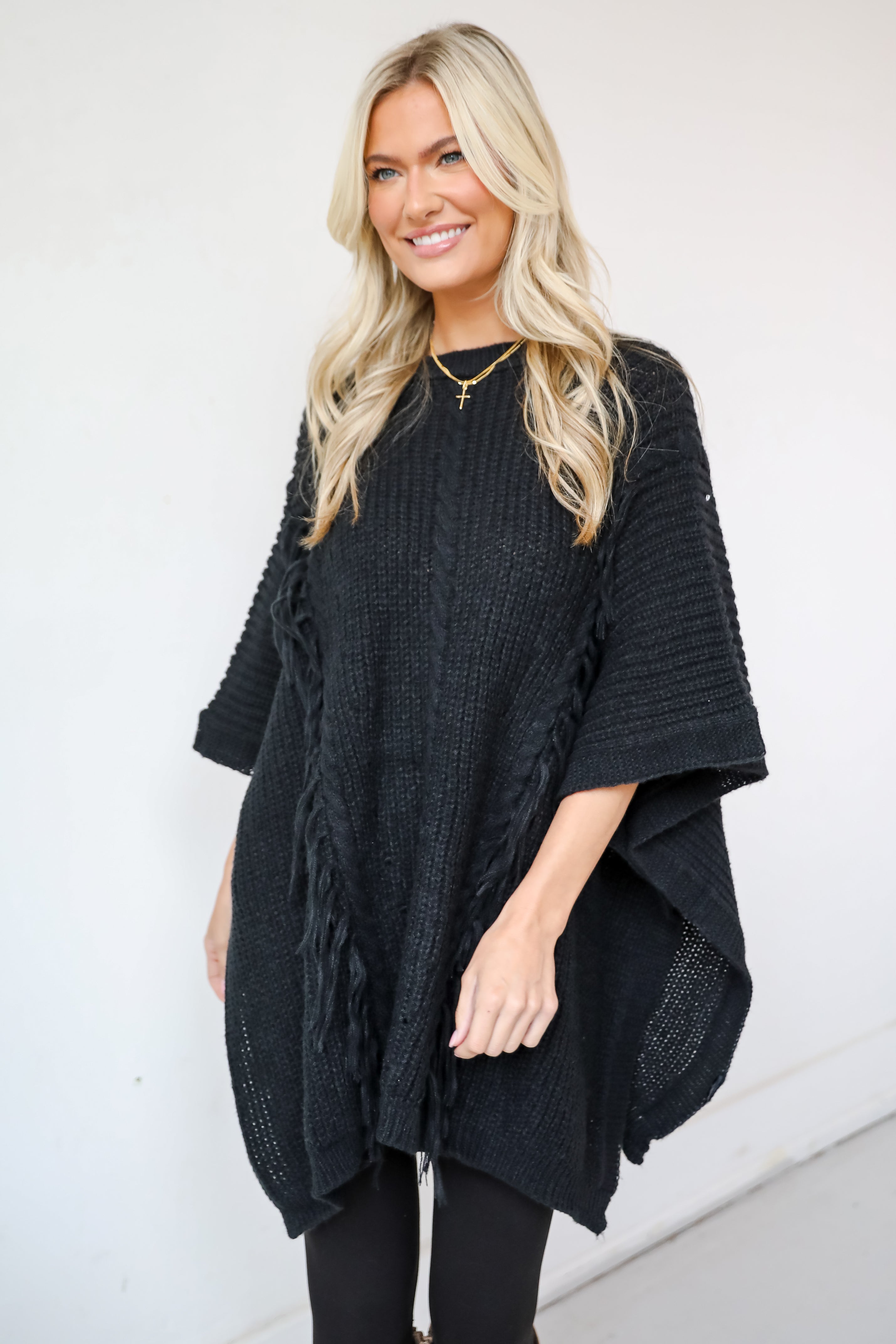 Chic Warmth Black Knit Poncho