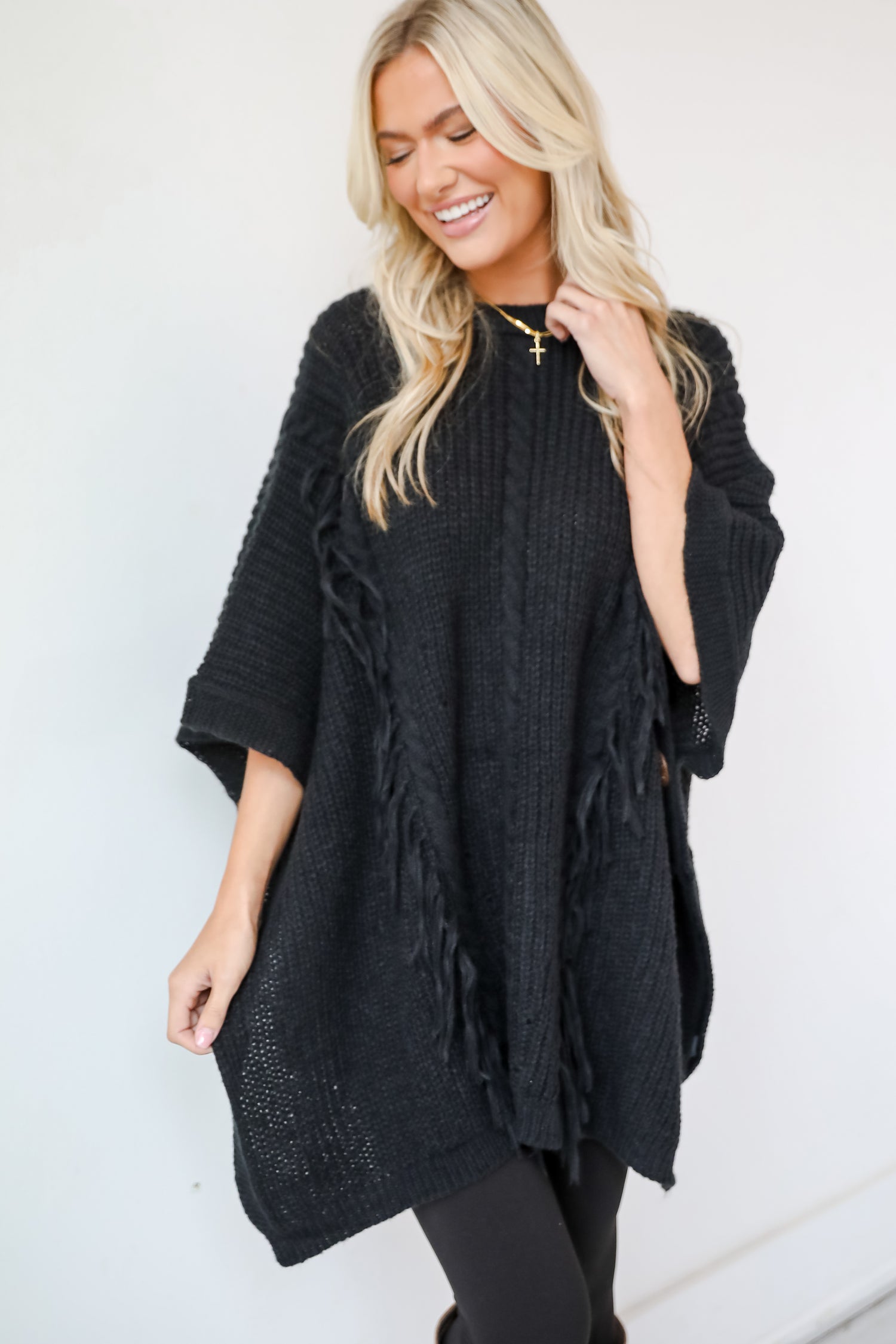 Chic Warmth Black Knit Poncho