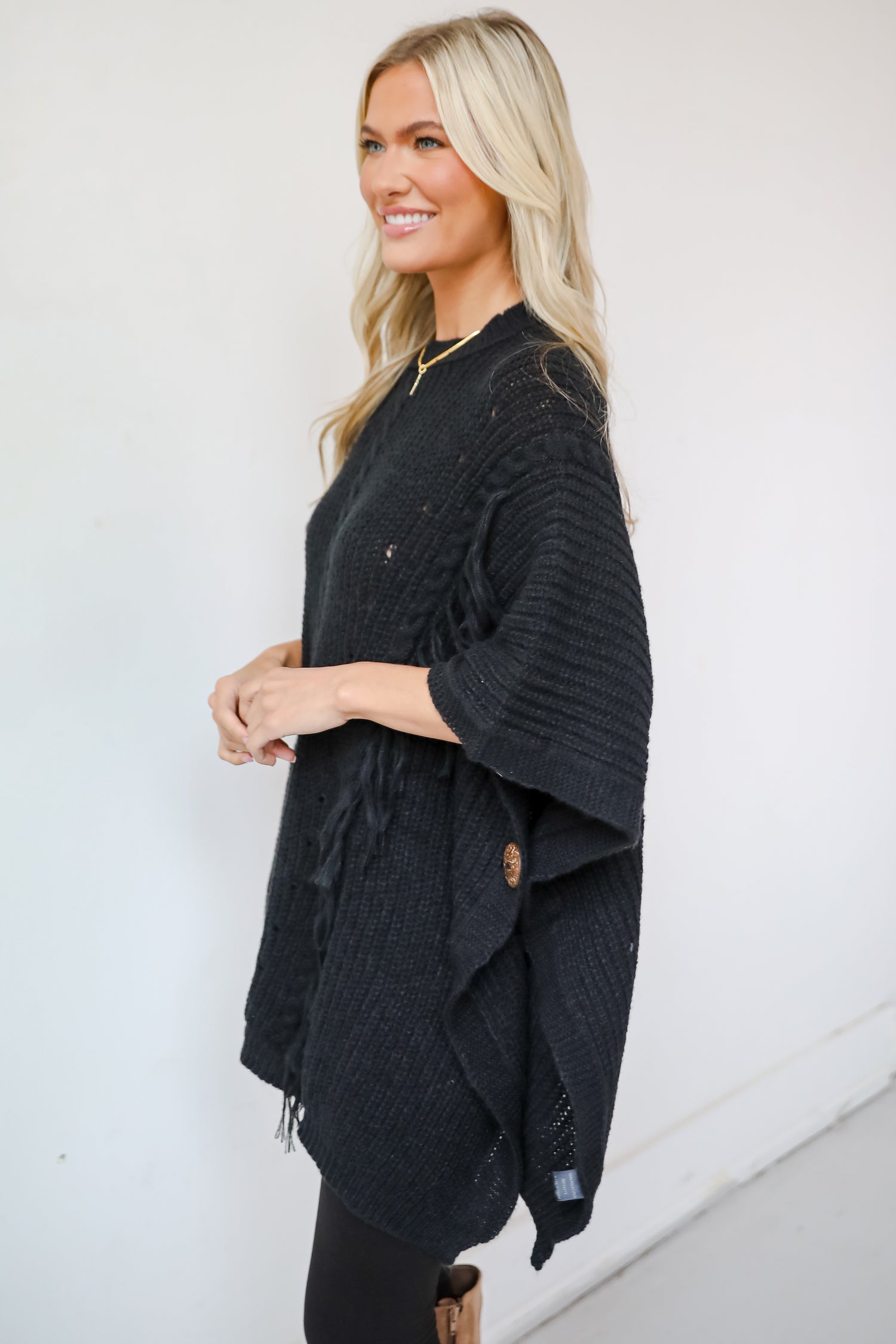 Chic Warmth Black Knit Poncho