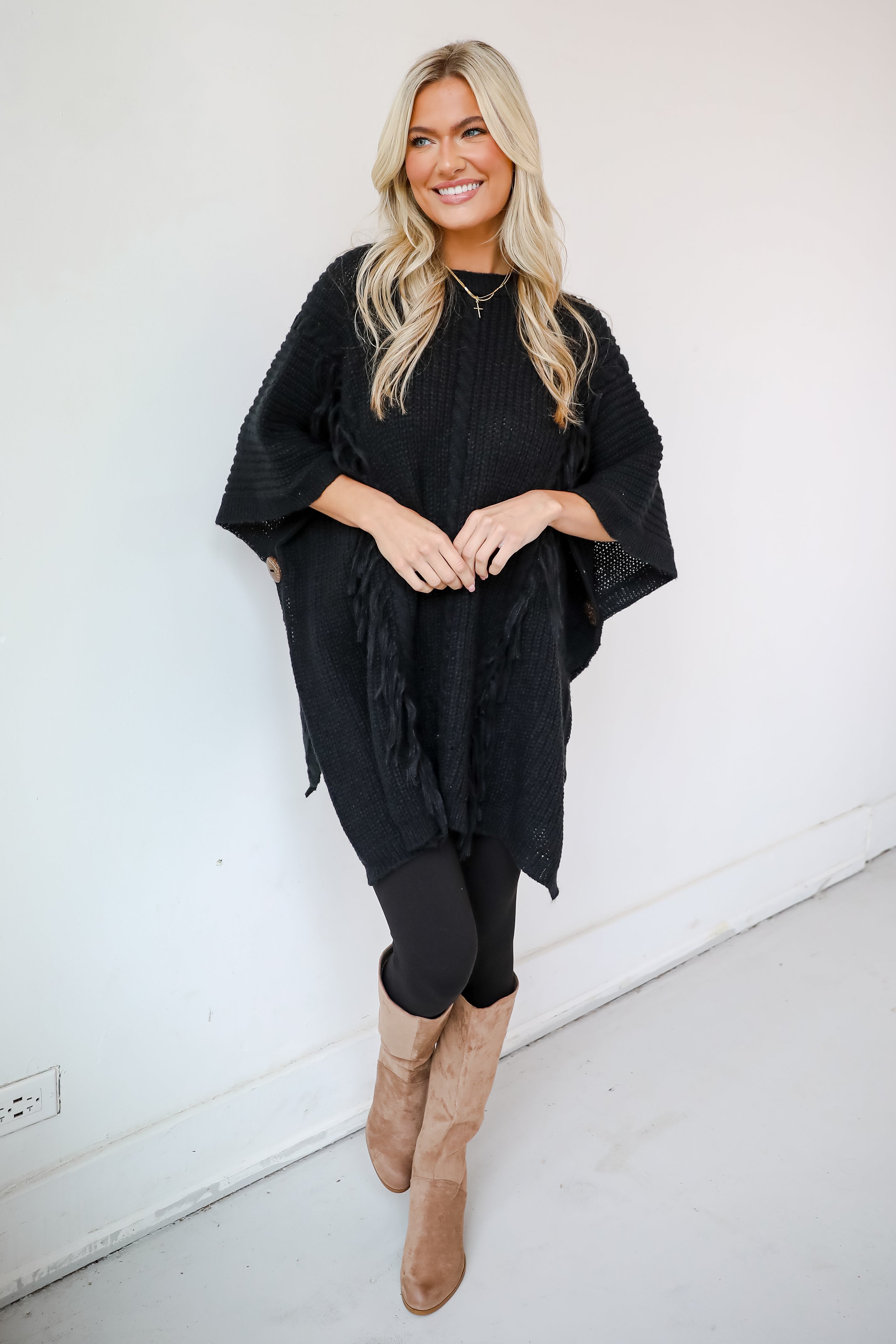 Chic Warmth Black Knit Poncho