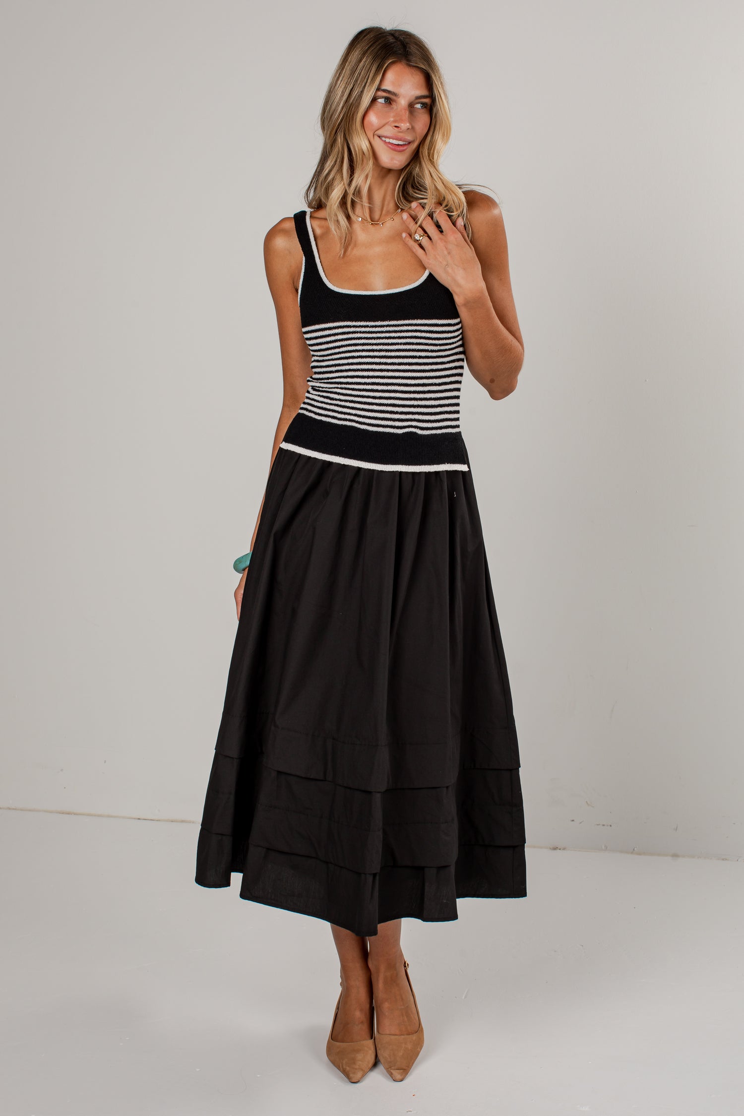 Center Of Attention Striped Knit Black Maxi Dress