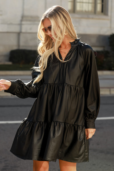 Black Tiered Leather Mini Dress