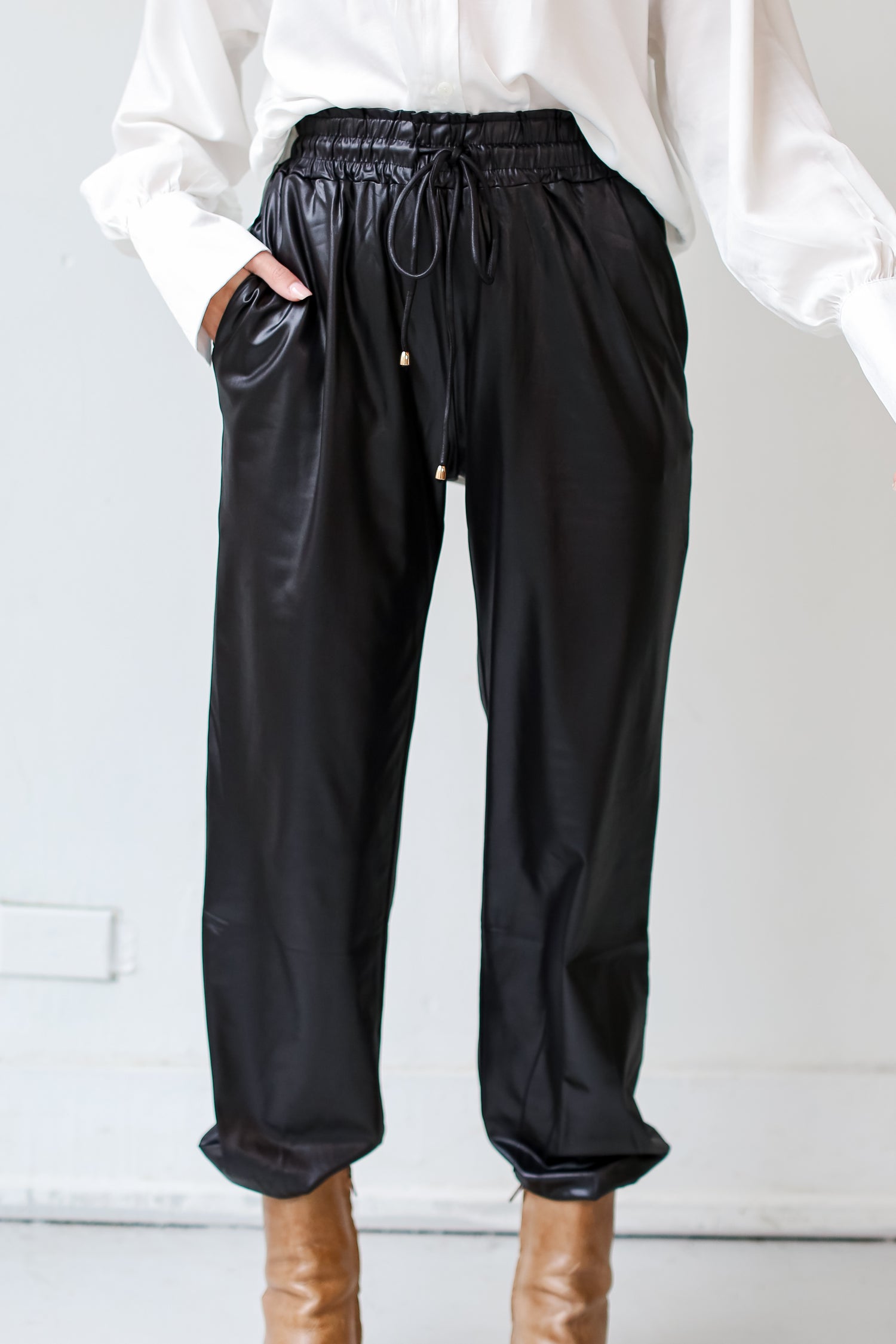 black Leather Joggers close up front view