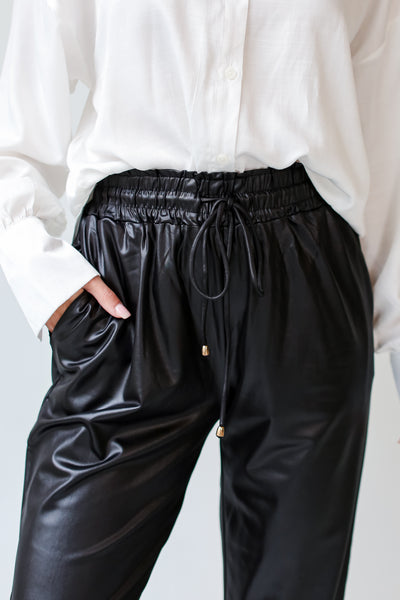 black Leather Joggers close up view