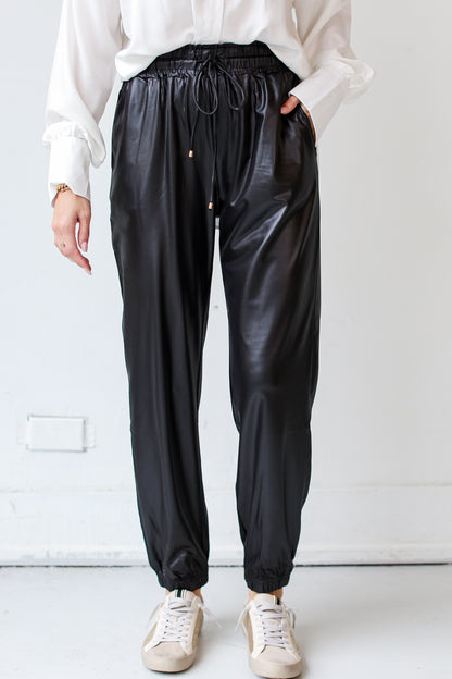 black Leather Joggers close up