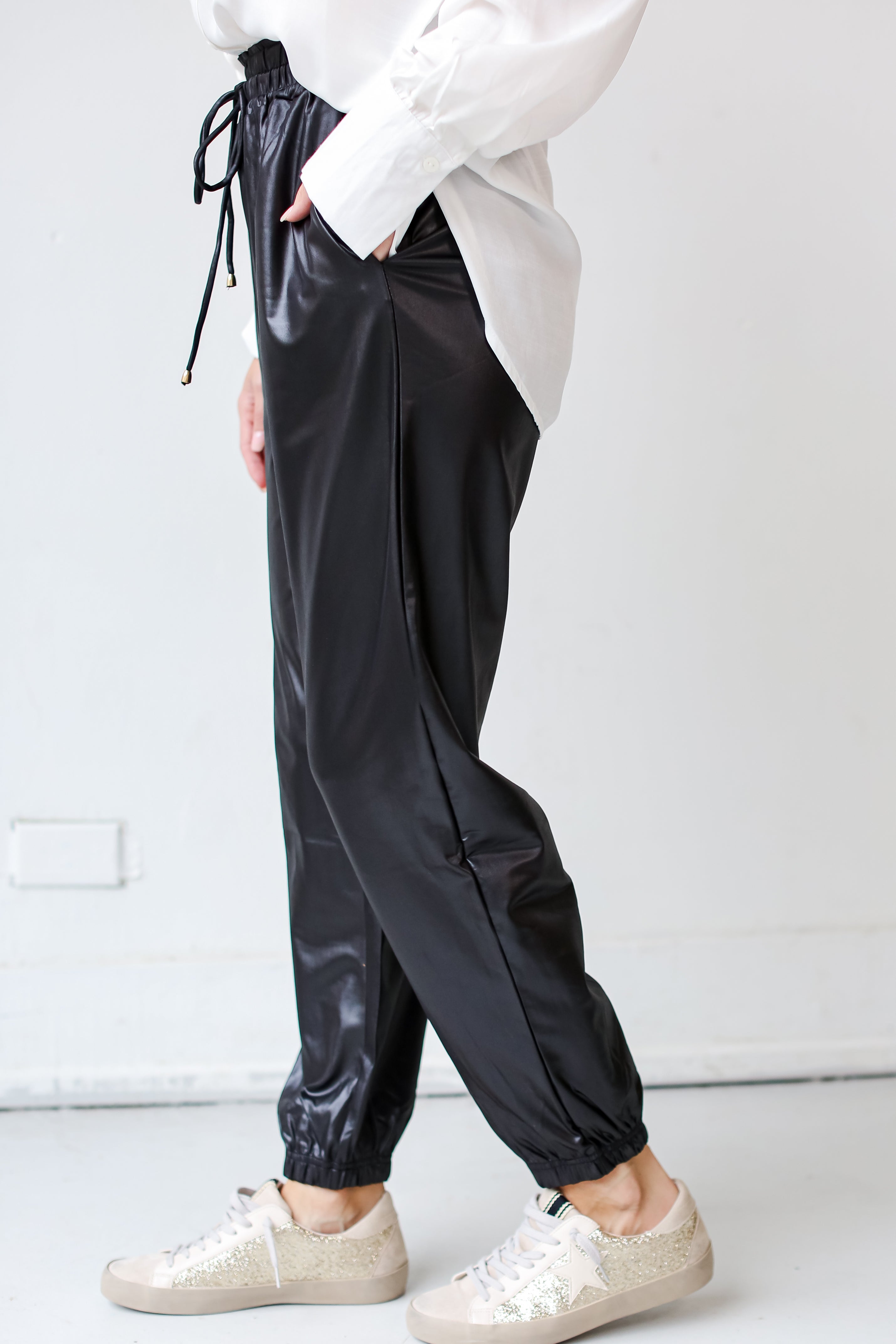 black Leather Joggers side view