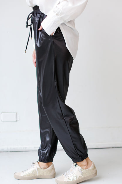 black Leather Joggers side view