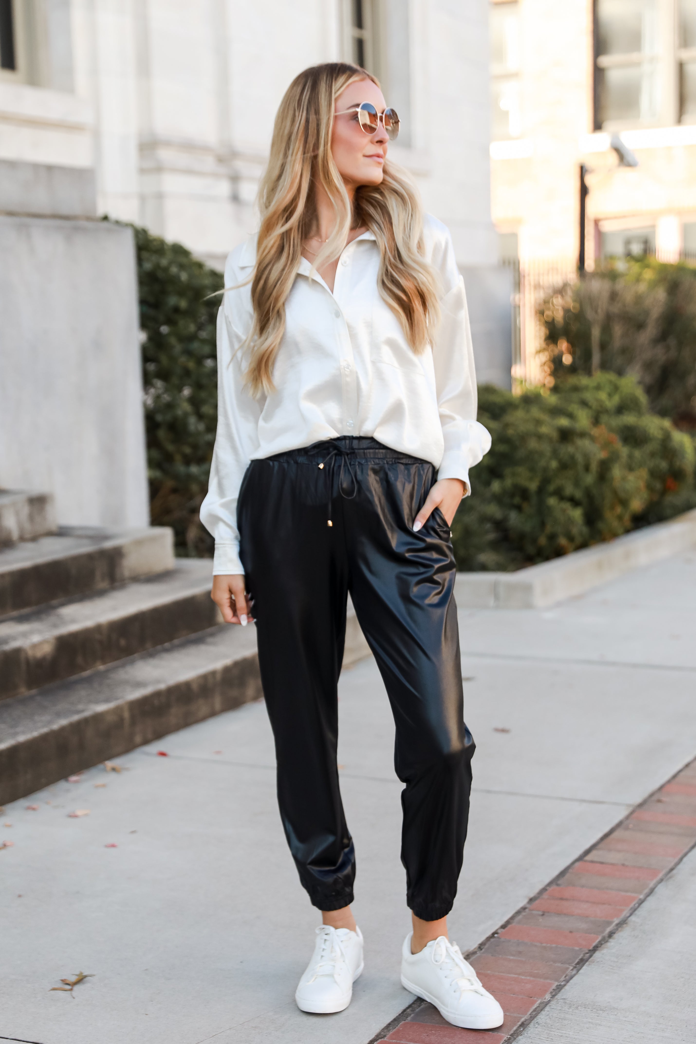 black Leather Joggers on model