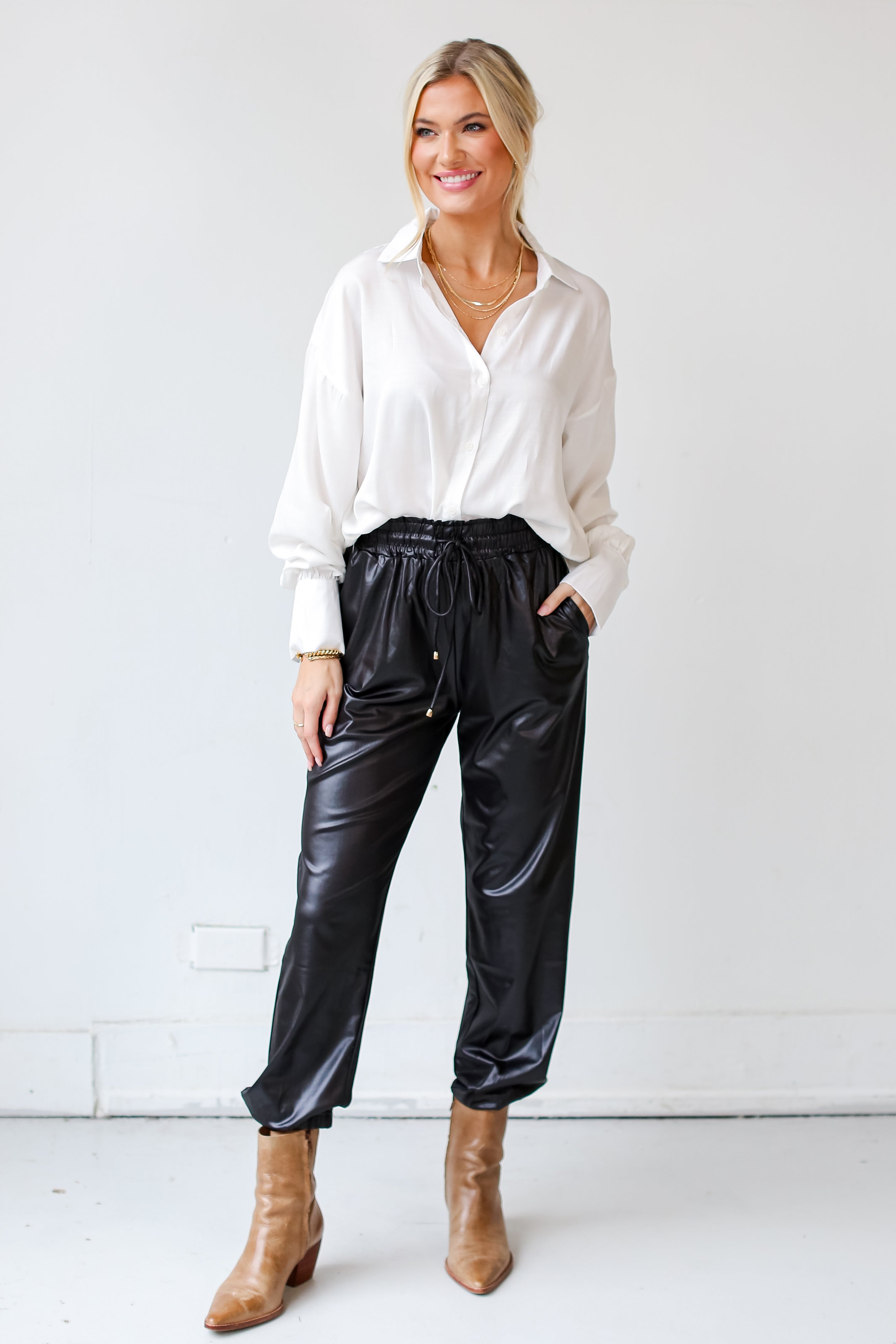 black Leather Joggers on model