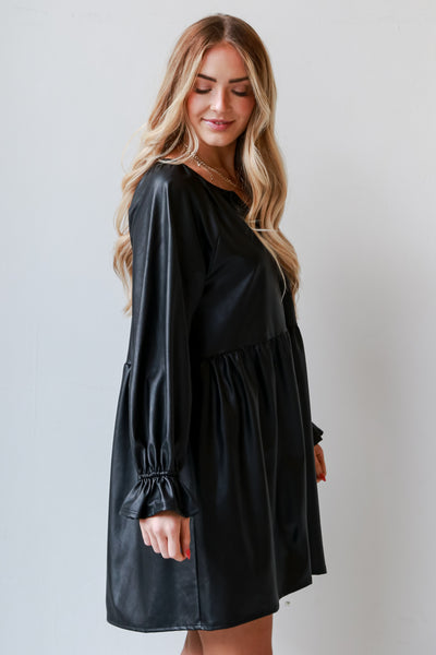 Black Leather Babydoll Mini Dress for women