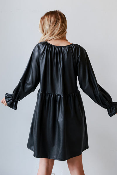 trendy Black Leather Babydoll Mini Dress