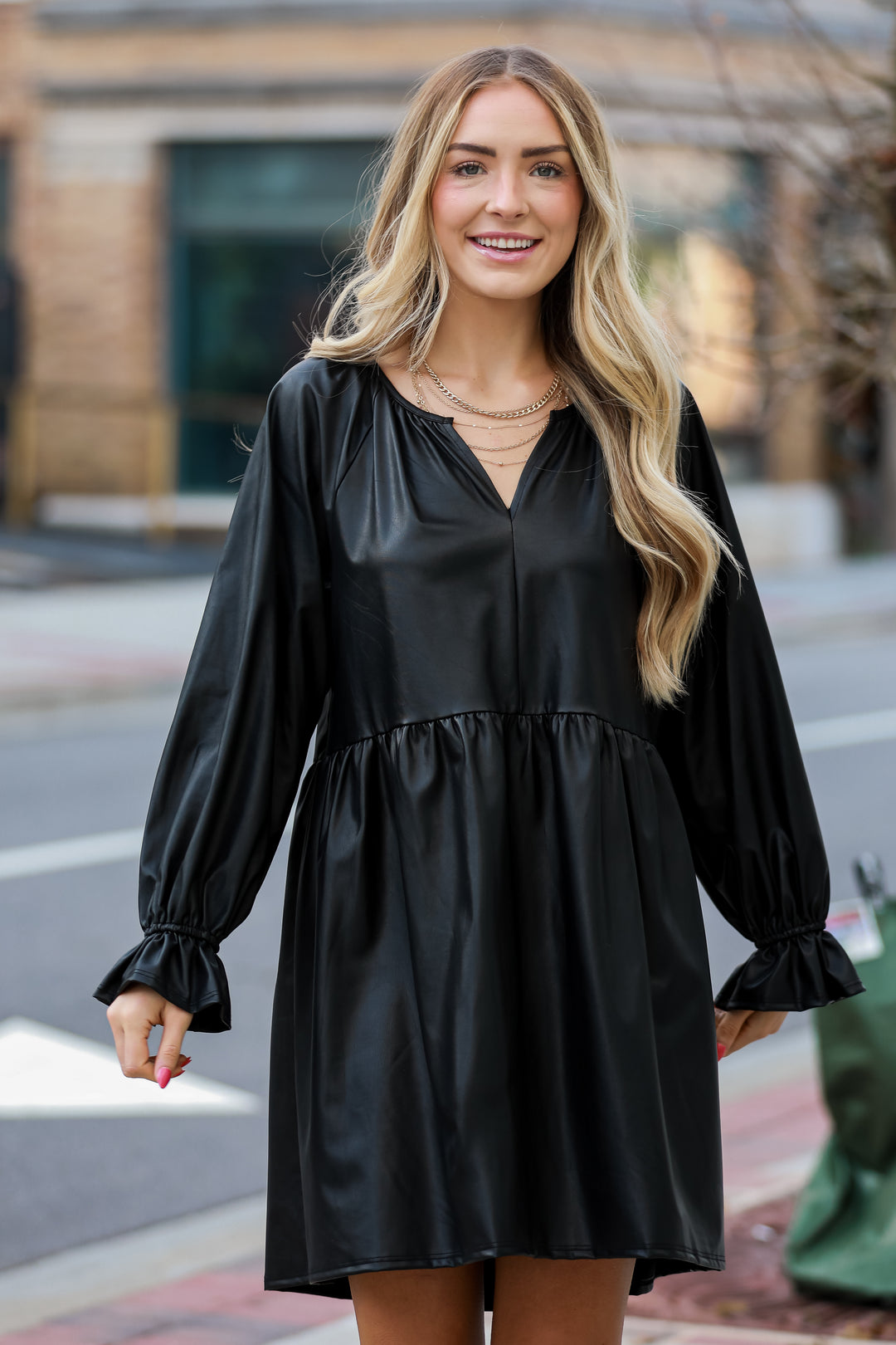 Black Leather Babydoll Mini Dress