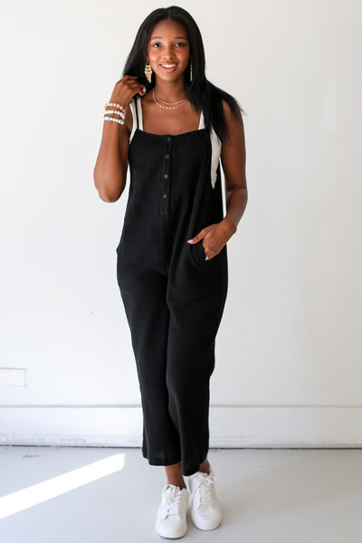 black Linen Jumpsuit on model