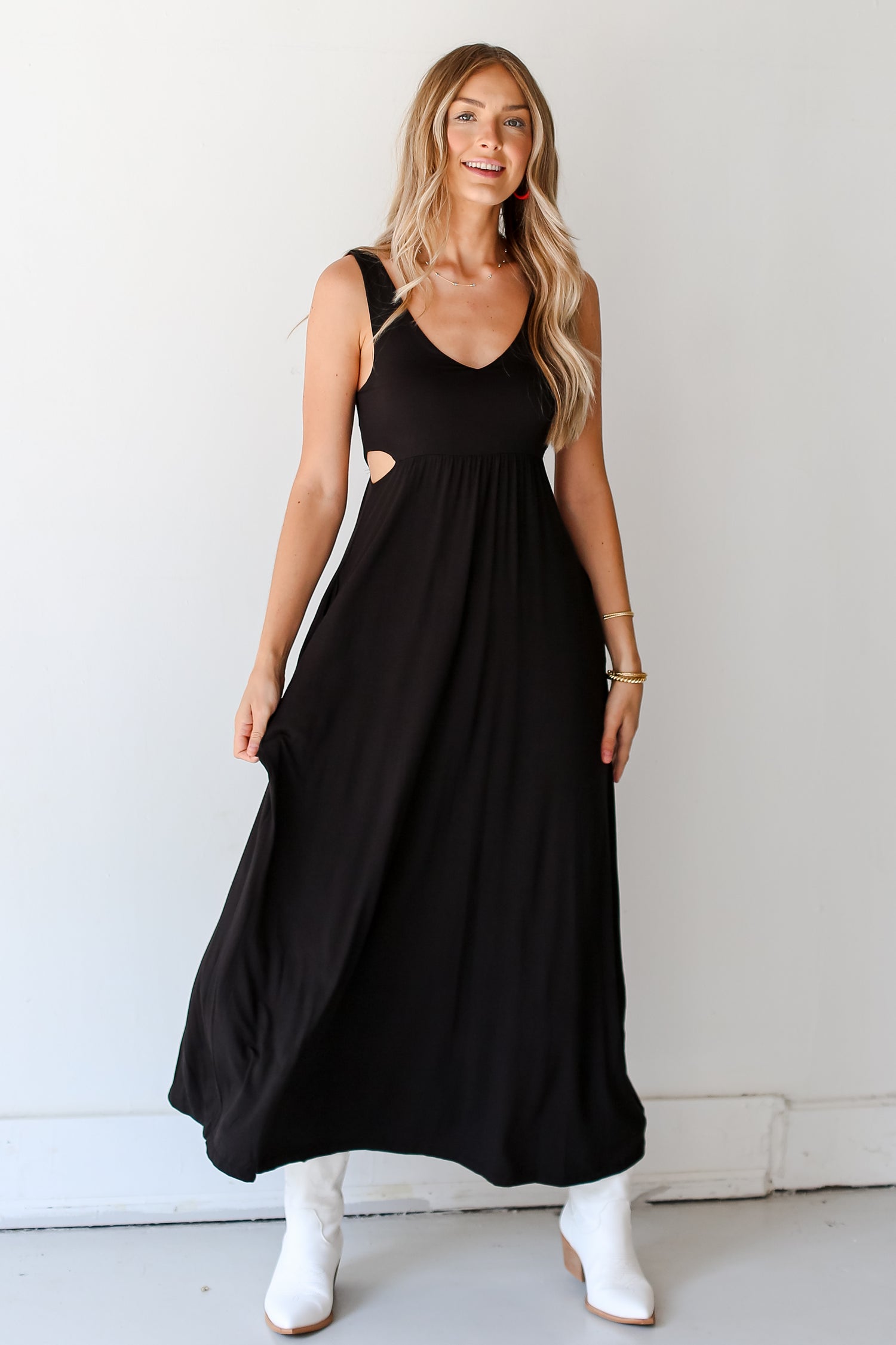 model wearing a black Cutout Maxi Dress