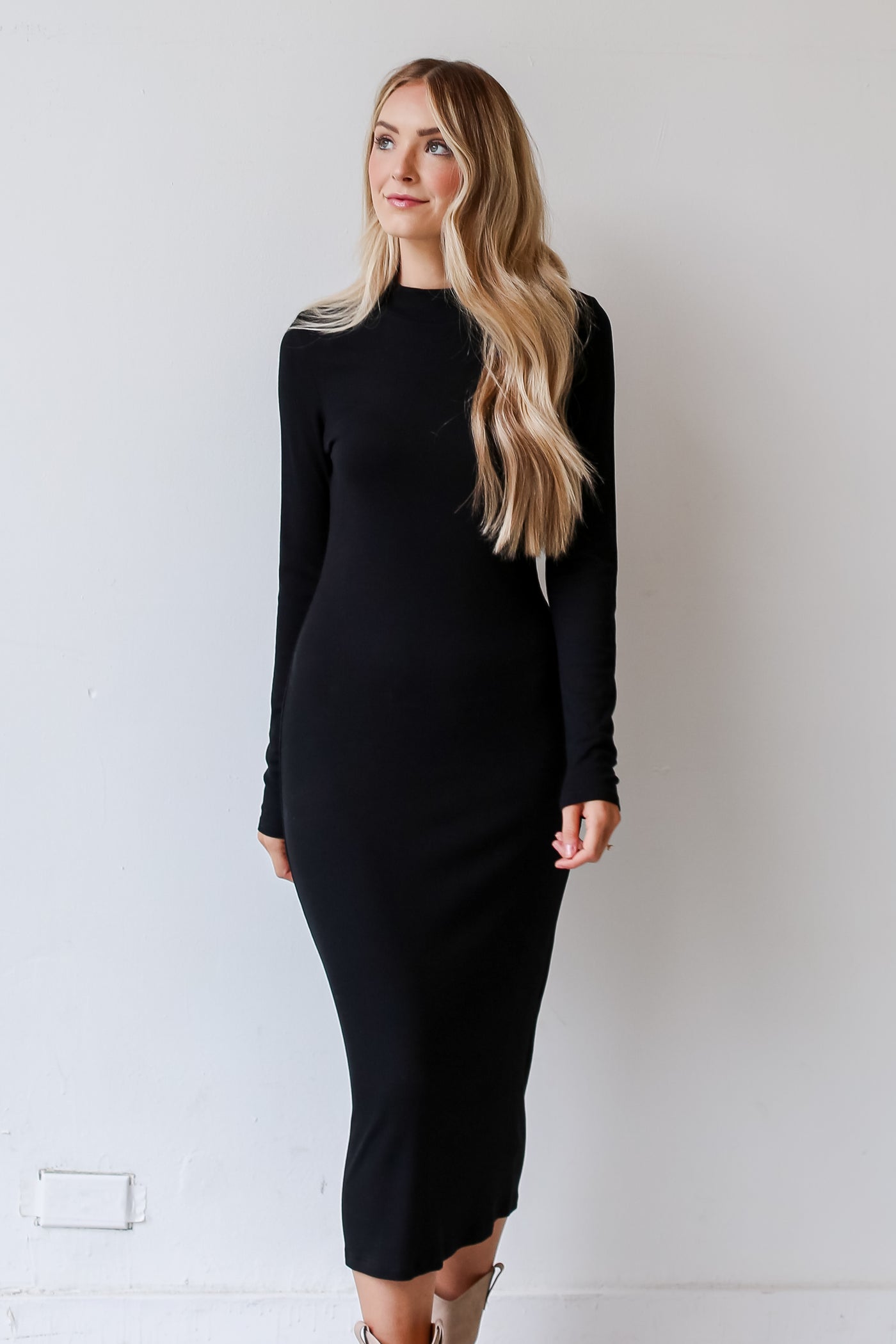 cute Black Ribbed Knit Midi Dress
