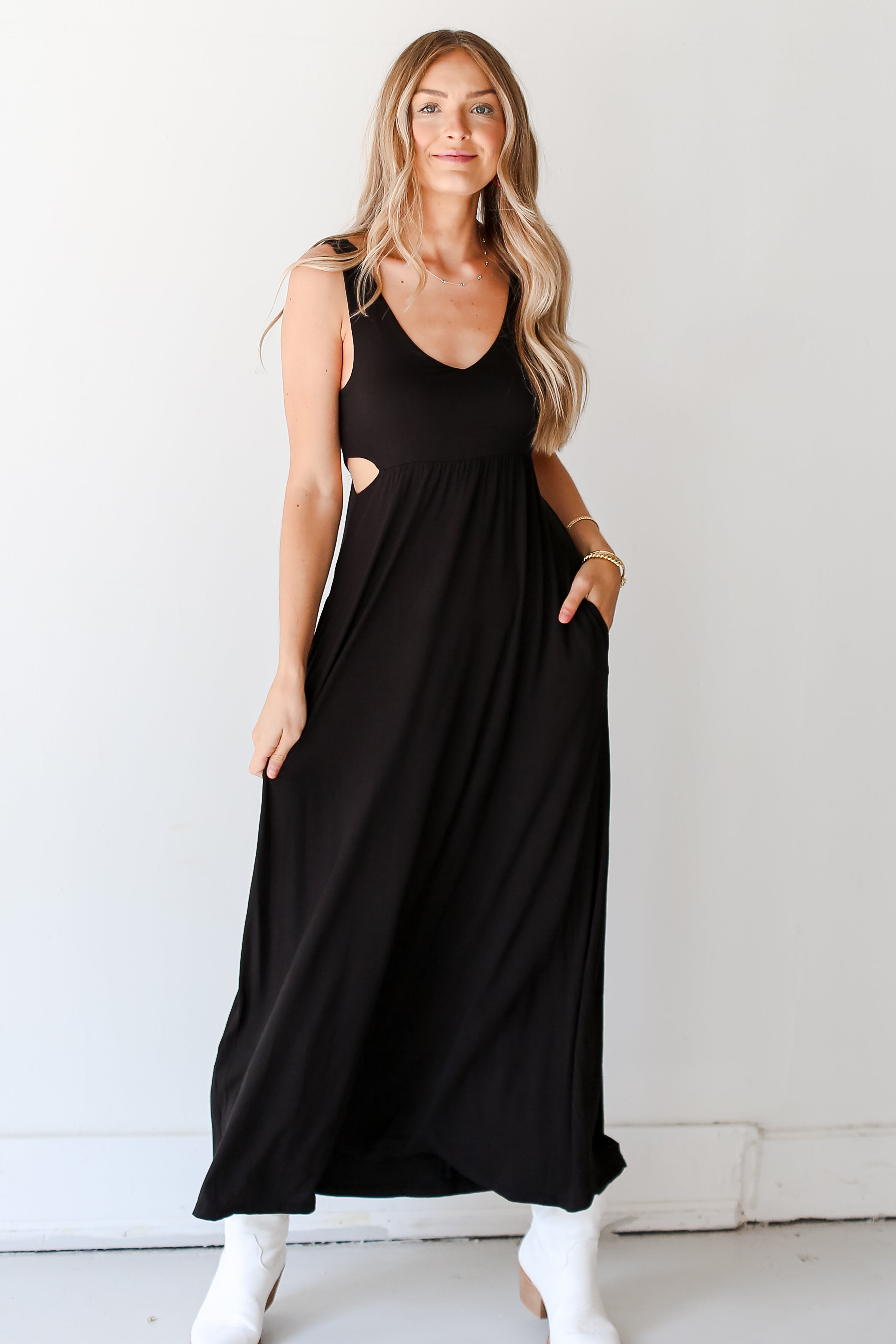 black Cutout Maxi Dress on dress up model