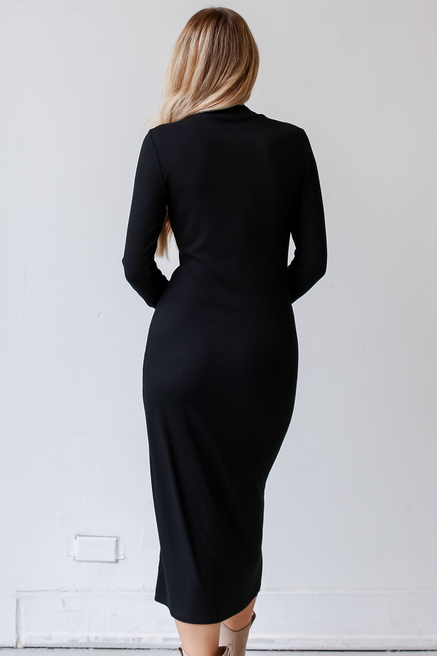 trendy Black Ribbed Knit Midi Dress