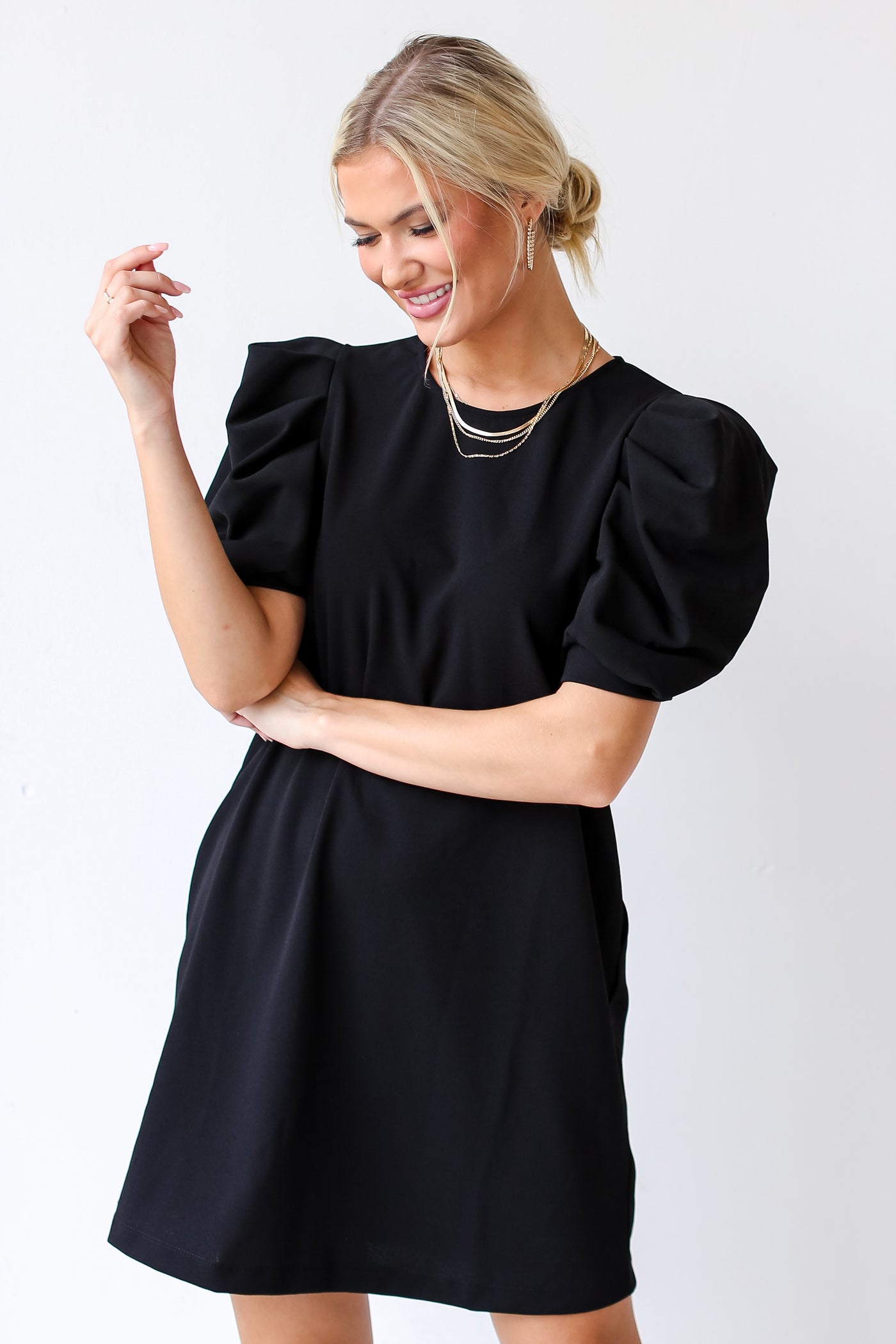 black Puff Sleeve Mini Dress front view
