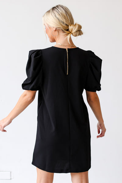 black Puff Sleeve Mini Dress back view