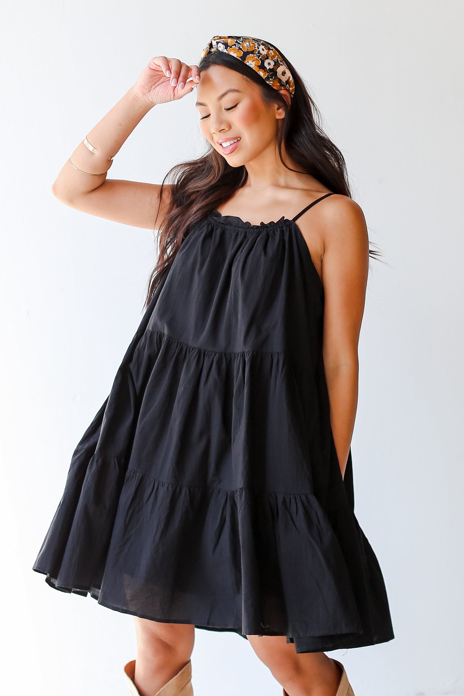 black Tiered Mini Dress on model